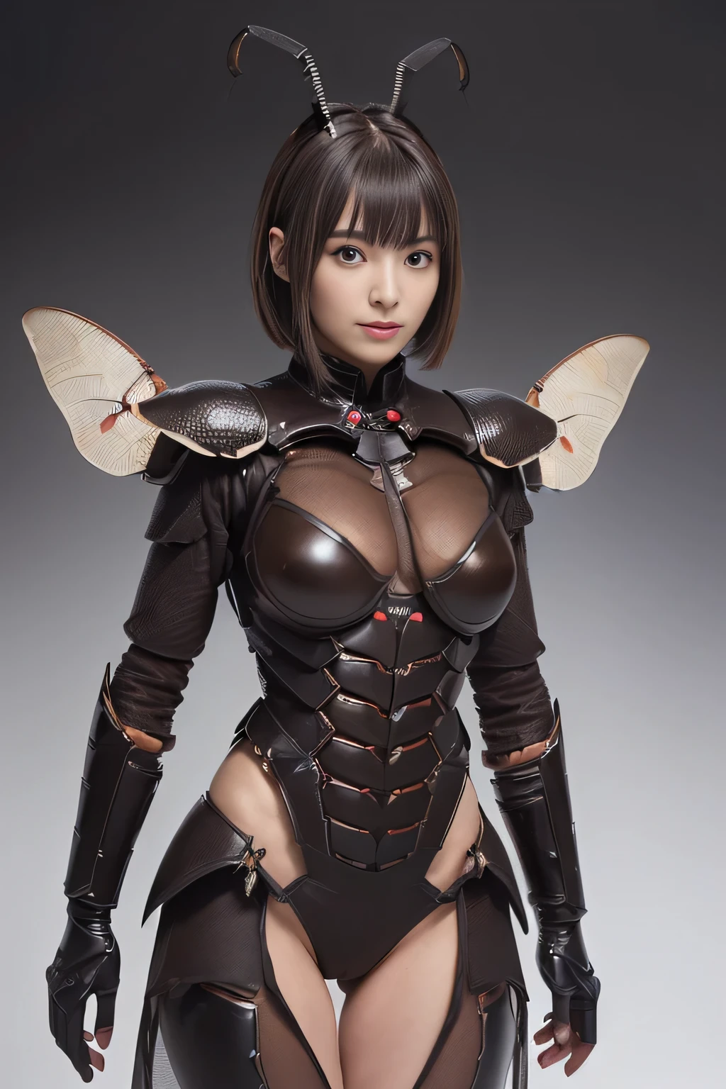 (high resolution,masterpiece,best quality,extremely detailed CG, anime, official art:1.4), realistic, photo, amazing fine details, all intricate, gloss and shiny,awesome many layers, 8k wall paper, 3d, sketch, kawaii, illustration,( solo:1.4), perfect female proportion,villainess, (fusion of dark brown cockroach and lady:1.4), (brown cockroach form lady:1.2), (brown cockroach lady:1.2), (fusion:1.2), (solo:1.4), (evil smile:1.2), muscular, abs, (cockroach brown exoskeleton bio insect suit:1.4), (cockroach brown exoskeleton bio insect armor:1.2), (brown transparency cockroach wing:1.4), (brown cockroach antennae:1.3),