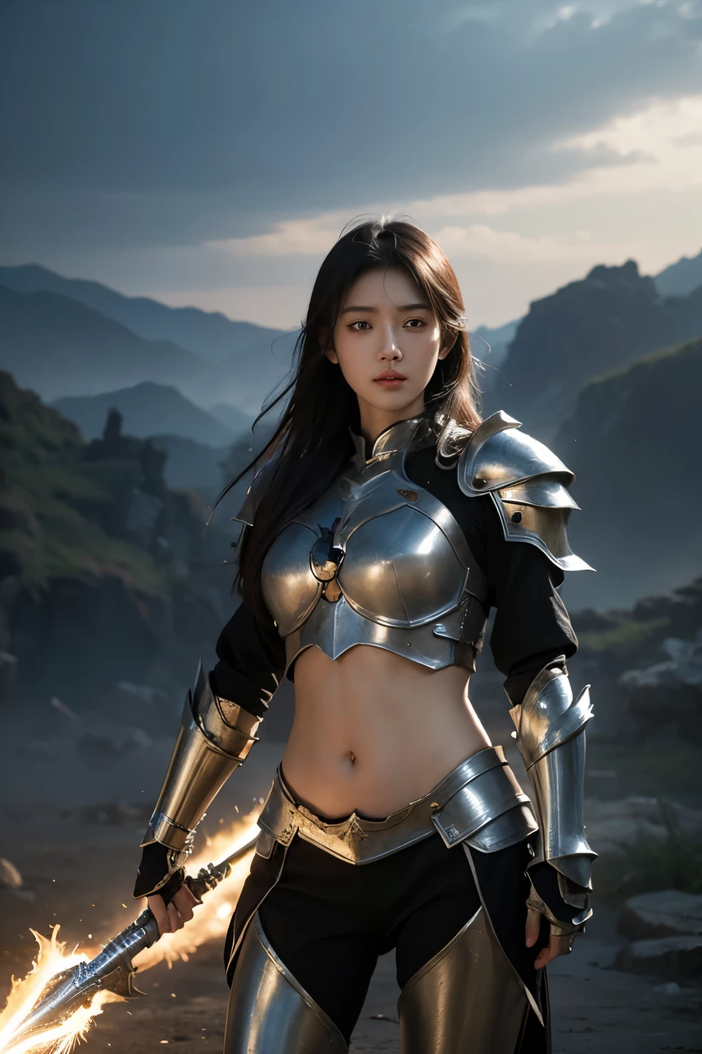 4K, fantasy art, asian girl,Metal knight armor,Large scale exposed navel,Photorealistic, dynamic lighting, art station, poster, Volumetric lighting, Very detailed faces