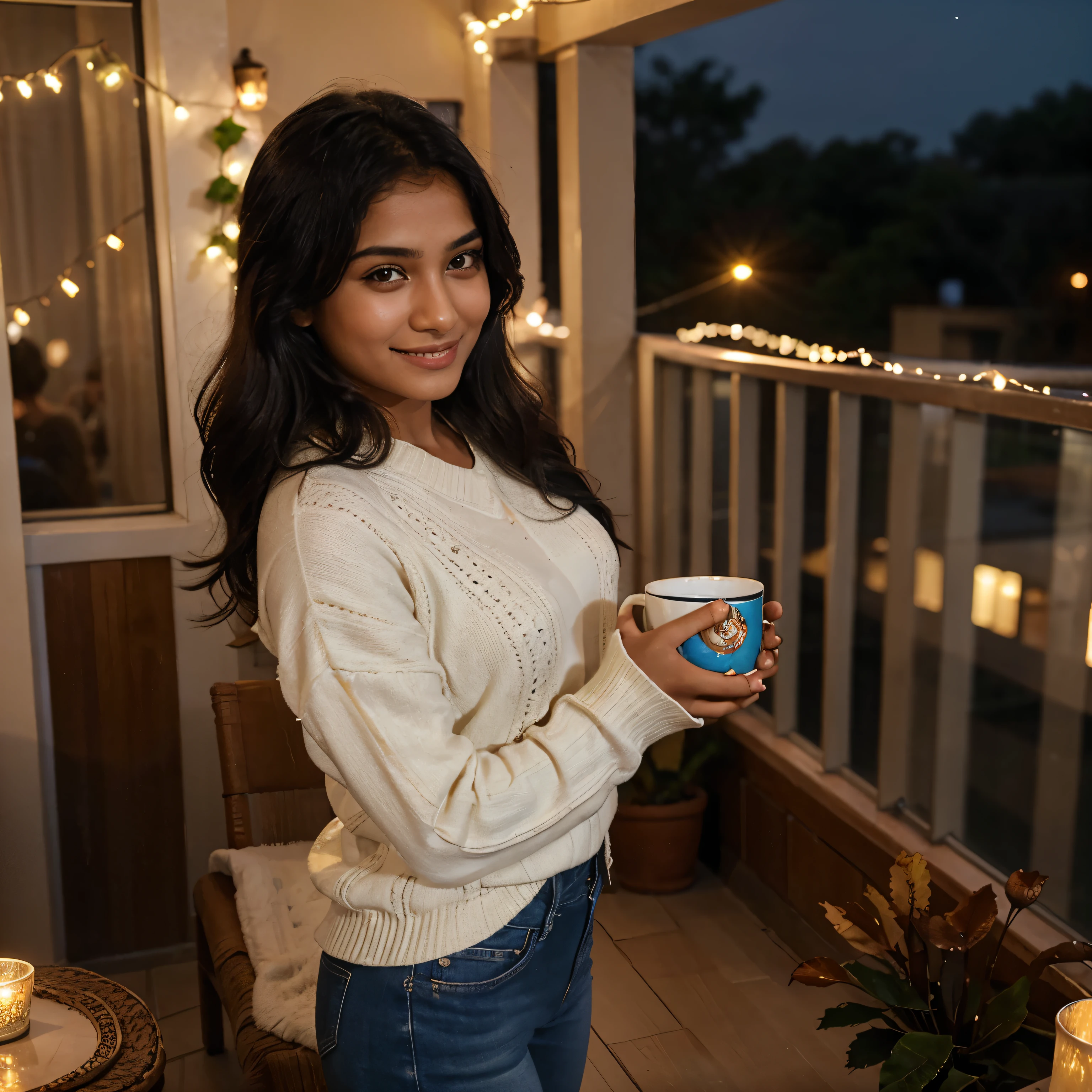 The 20-year-old Indian girl, with ivory bright skin, bright eyes, and a radiant smile, wears a cozy sweater and jeans. She stands serenely in the balcony, enveloped by fairy lights, savoring the tranquil night with a mug of hot chocolate.