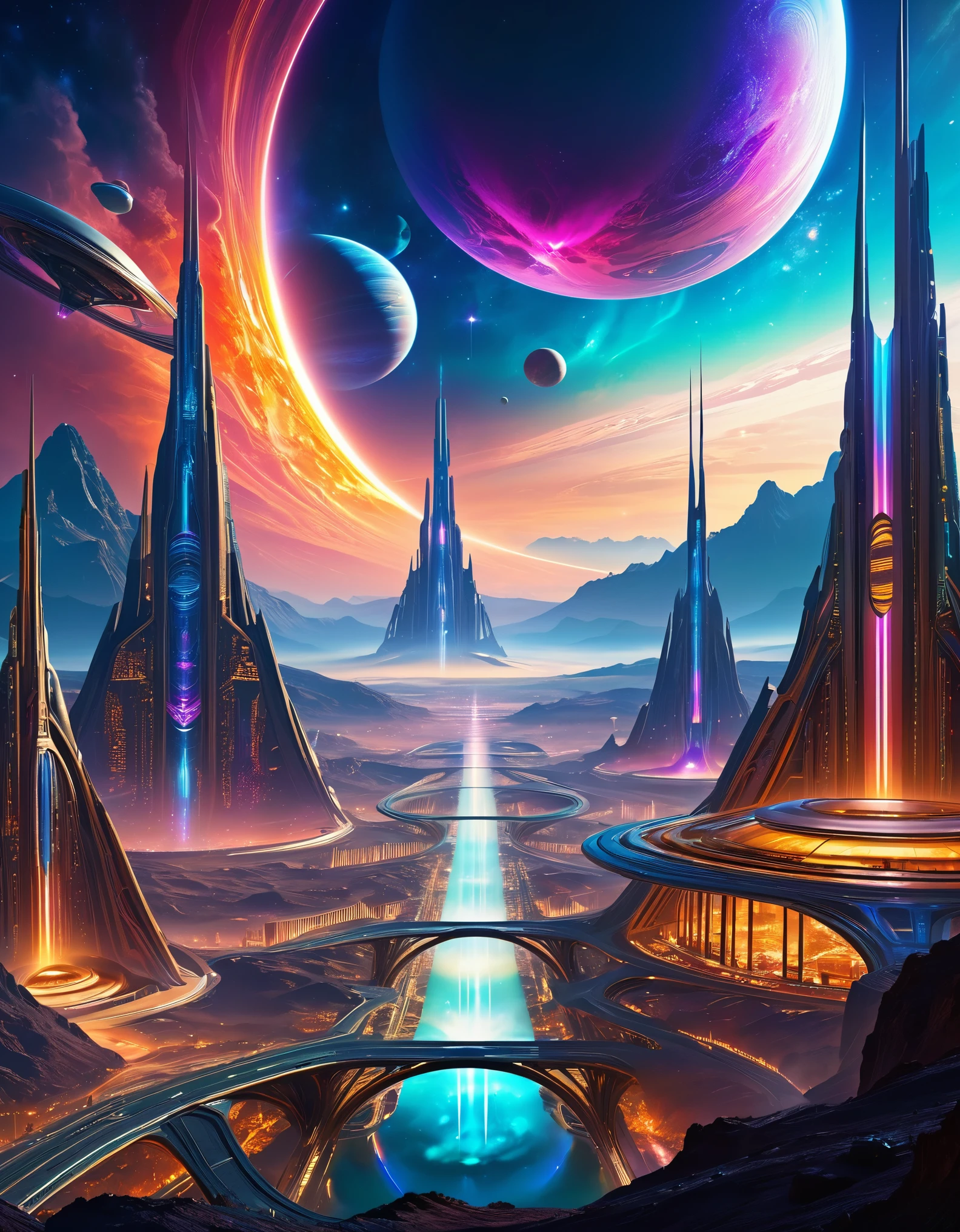 (best quality,4k,8k,highres,masterpiece:1.2),ultra-detailed,(realistic,photorealistic,photo-realistic:1.37),alien,extraterrestrial,mysterious,otherworldly,alien technology,massive alien planet,unearthly landscape,mind-blowing sci-fi scenery,advanced technology backdrop,futuristic cityscape,hovering spacecraft,gigantic spaceship,high-tech gadgets,unknown life forms,alien architecture,pulsating energy,cosmic aura,interstellar travel,surreal atmosphere,gleaming metallic structures,glowing neon lights,nebulous sky,enchanted starry night,sublime beauty,awe-inspiring proportions,majestic mountains,sprawling alien civilizations,extravagant aerial view,alien beings,ethereal beings,advanced civilizations,impeccable attention to detail,seamless blend of futuristic and organic elements,vibrant colors,striking contrast,playful light and shadow,awe-inspiring luminosity,immersive experience
