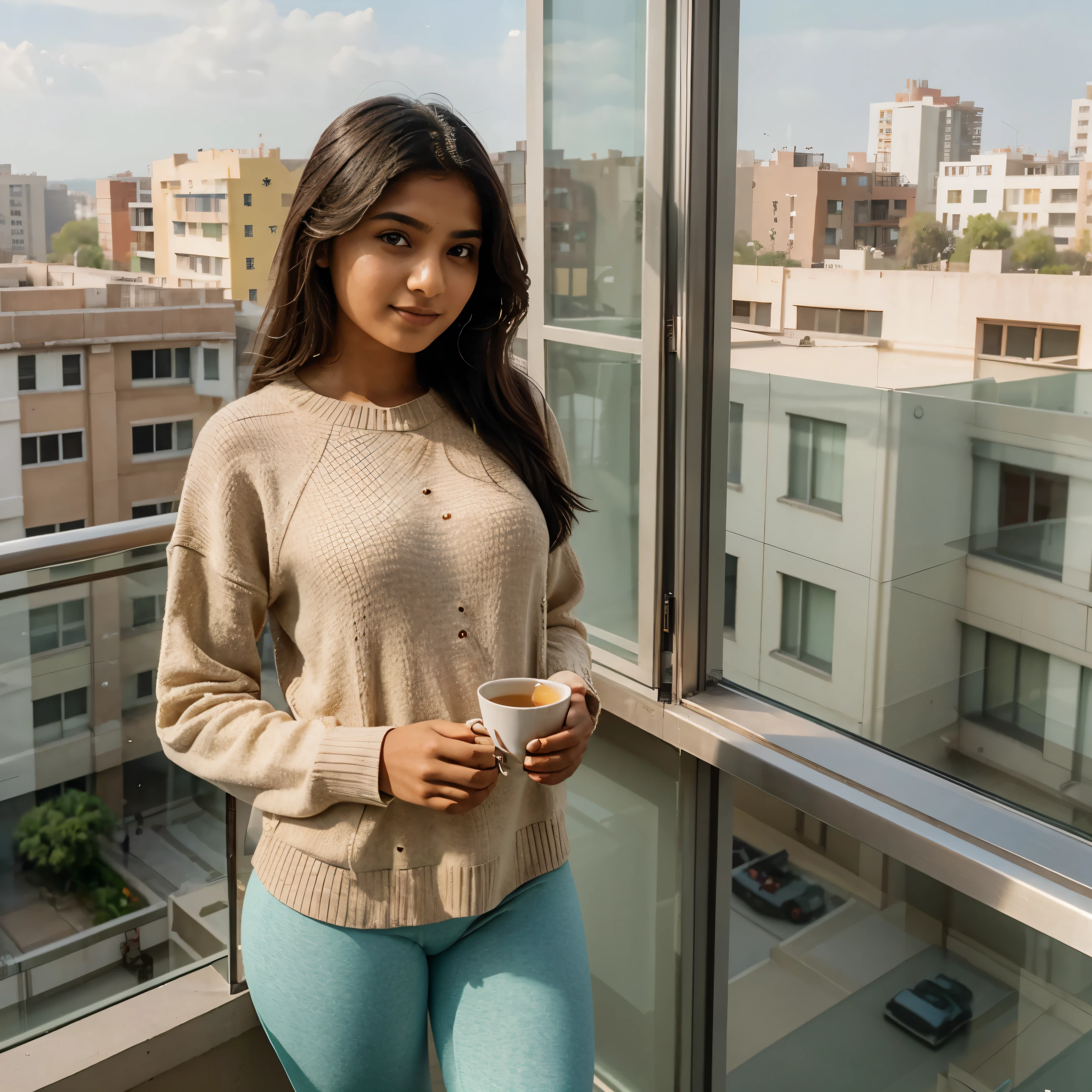 The 20-year-old Indian girl stands in the balcony on a sunny morning, enjoying tea in a cozy oversized sweater and leggings. Capture her relaxed pose and content expression as she gazes out at the scenery, with a slightly elevated camera angle to capture the balcony view.