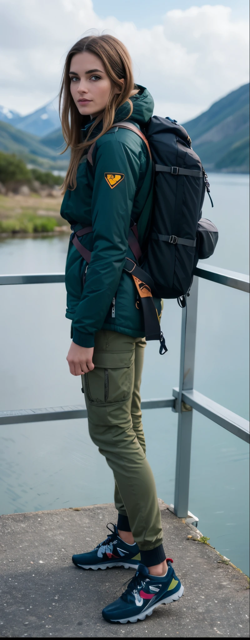 (((mulher))) arafiada standing on a ledge overlooking a lake and mountains, uma mulher vestindo uma mochila, roupas de caminhada, wearing equipamento de aventura, com uma mochila, carrying survival gear, bolsa na cintura, vestindo equipamento de aventura, com dois bolsos frontais, equipamento de aventura, wearing cargo pants, detalhes robustos, vestindo roupas sujas de viagem, o homem tem uma mochila