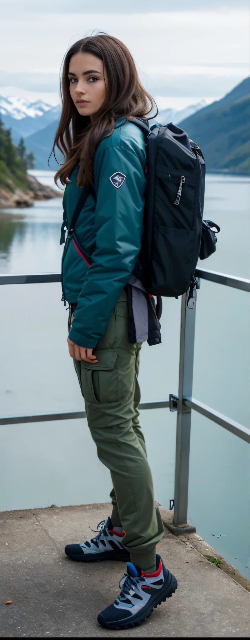 (((mulher))) arafiada standing on a ledge overlooking a lake and mountains, uma mulher vestindo uma mochila, roupas de caminhada, wearing equipamento de aventura, com uma mochila, carrying survival gear, bolsa na cintura, vestindo equipamento de aventura, com dois bolsos frontais, equipamento de aventura, wearing cargo pants, detalhes robustos, vestindo roupas sujas de viagem, o homem tem uma mochila