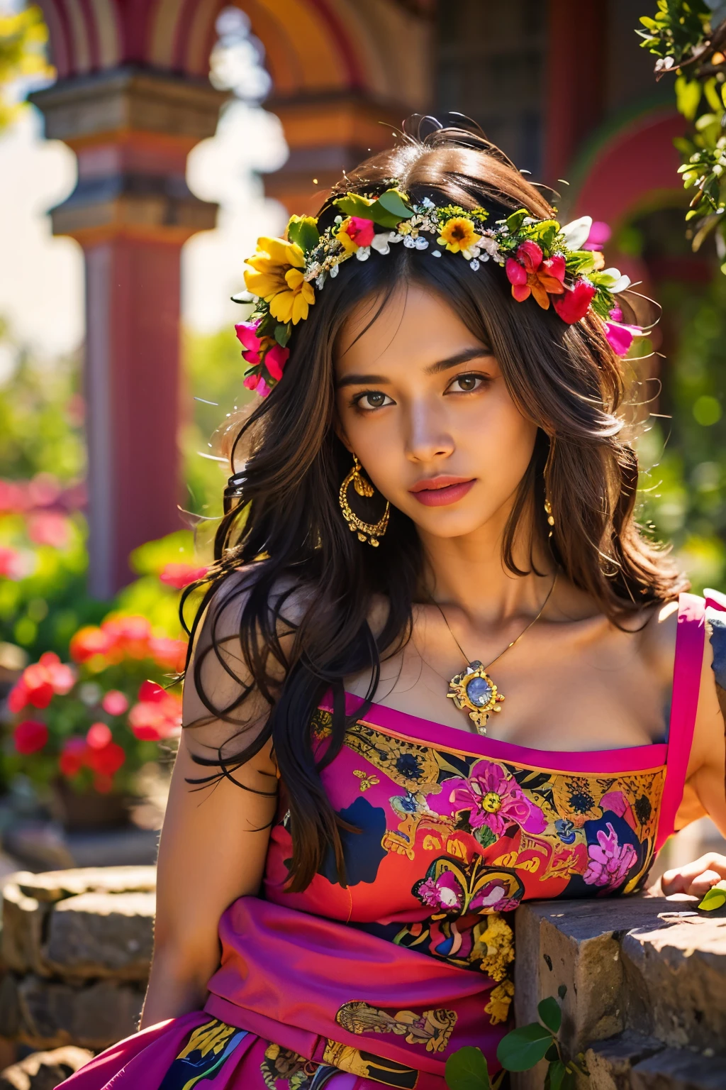 (best quality,realistic:1.2),beautiful Spanish girl,detailed eyes,luscious lips,flowing brunette hair,warm sunlight,captivating smile,vibrant colors,traditional Spanish dress,flower crown,garden background,floral elements,rich texture,portrait style,soft and natural lighting　NSFW