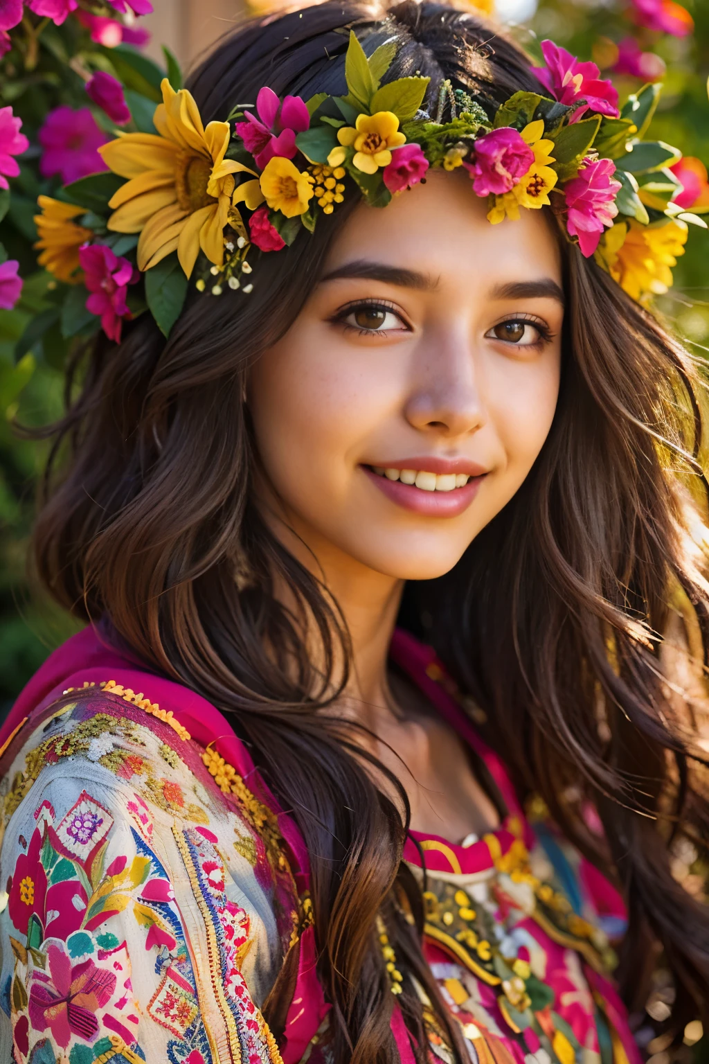 (best quality,realistic:1.2),beautiful Spanish girl,detailed eyes,luscious lips,flowing brunette hair,warm sunlight,captivating smile,vibrant colors,traditional Spanish dress,flower crown,garden background,floral elements,rich texture,portrait style,soft and natural lighting　NSFW