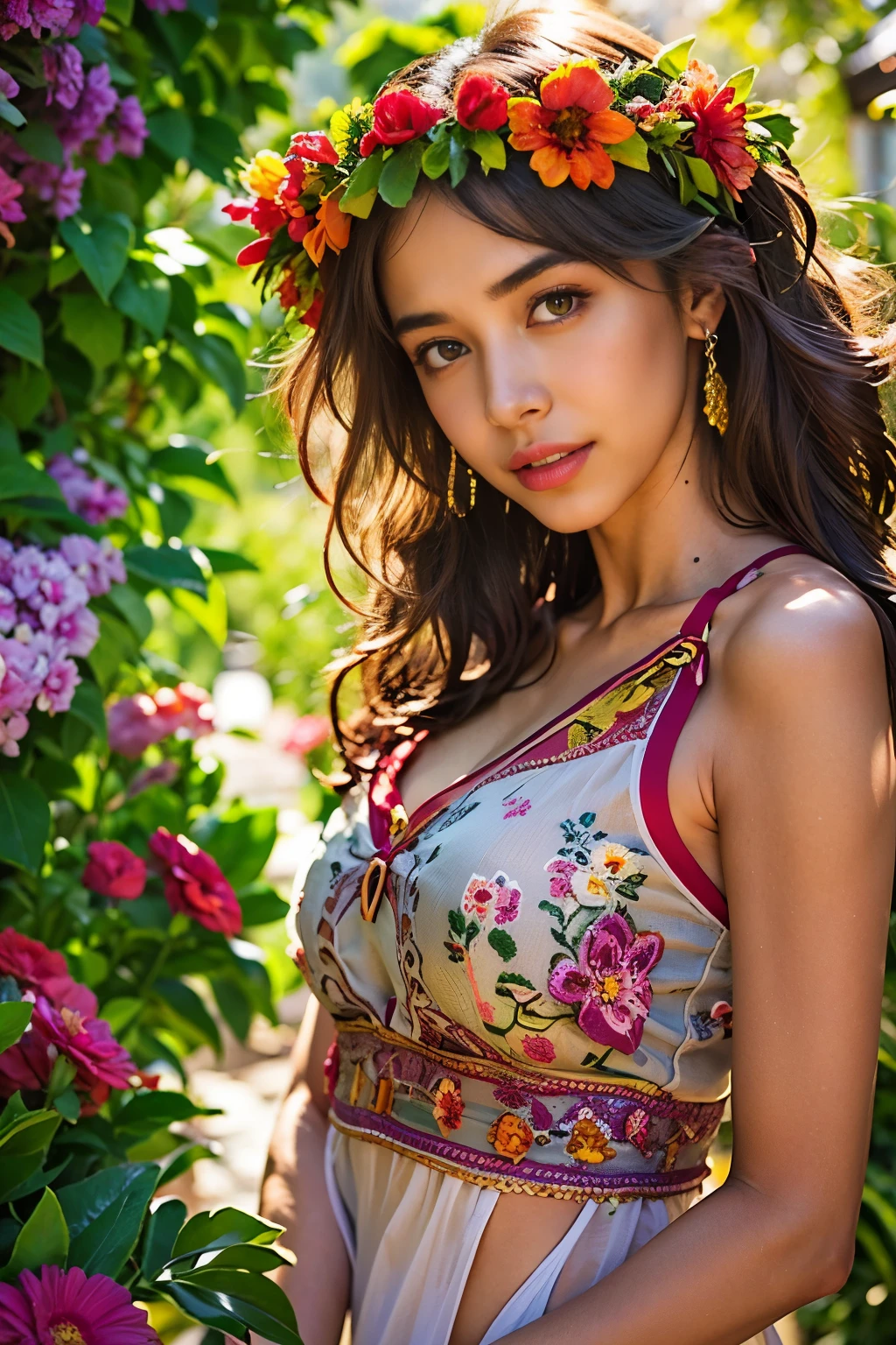 (best quality,realistic:1.2),beautiful Spanish girl,detailed eyes,luscious lips,flowing brunette hair,warm sunlight,captivating smile,vibrant colors,traditional Spanish dress,flower crown,garden background,floral elements,rich texture,portrait style,soft and natural lighting　NSFW