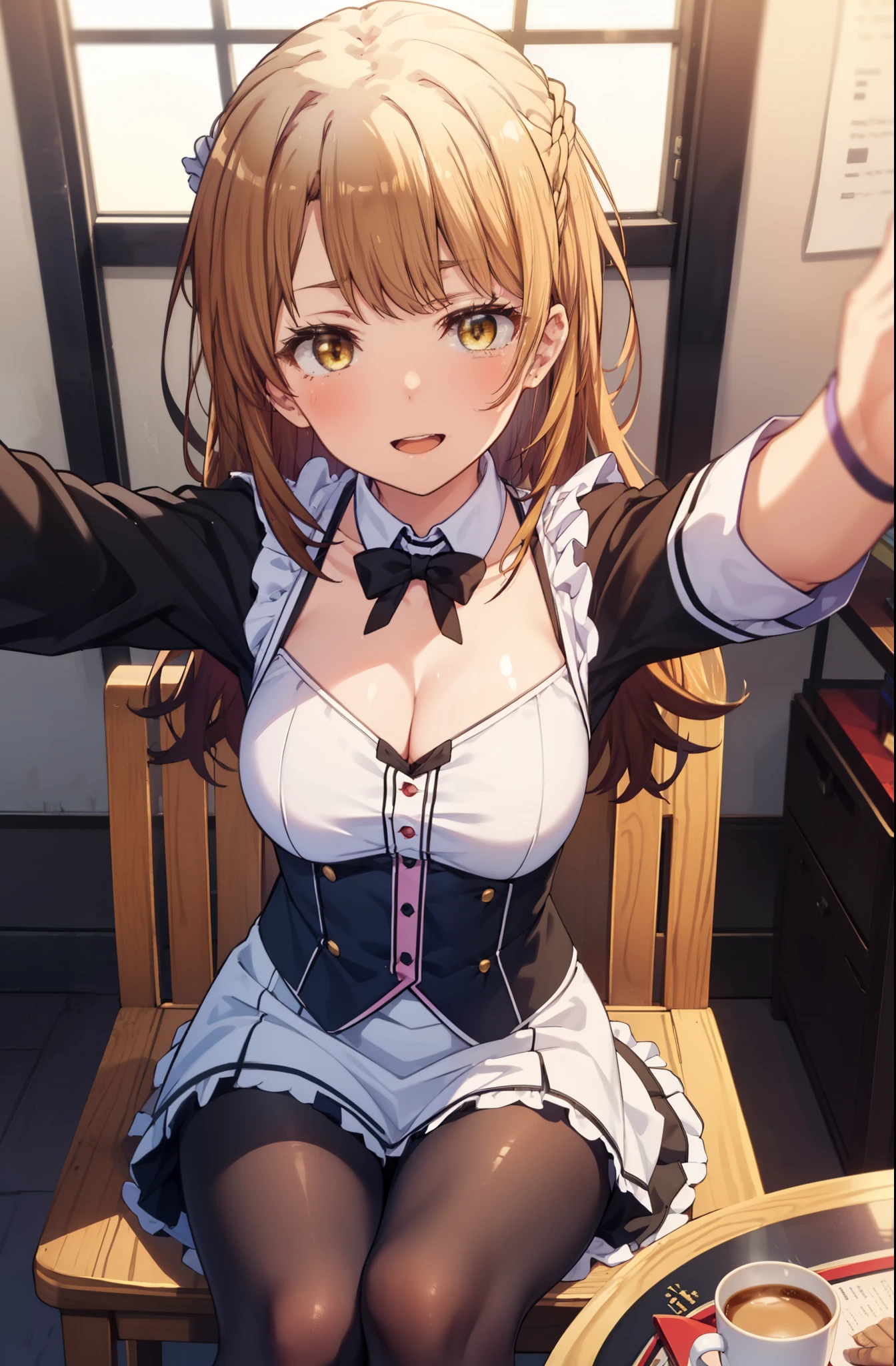 irohaisshiki, iroha isshiki, long hair, brown hair, (brown eyes:1.5), Take a selfie from above your head,with left hand, He opened the collar of his shirt to show his cleavage...,smile, smile, open your mouth,short braided hair,ponytail,blush,smile,Maid clothes,Medium chest,she was wearing a miniskirt, black pantyhose, sitting cross-legged on a chair,Make sure the whole body is included in the illustration,
break indoors, coffee shop,
break looking at viewer,
break (masterpiece:1.2), highest quality, High resolution, unity 8k wallpaper, (shape:0.8), (fine and beautiful eyes:1.6), highly detailed face, perfect lighting, Very detailed CG, (perfect hands, perfect anatomy),