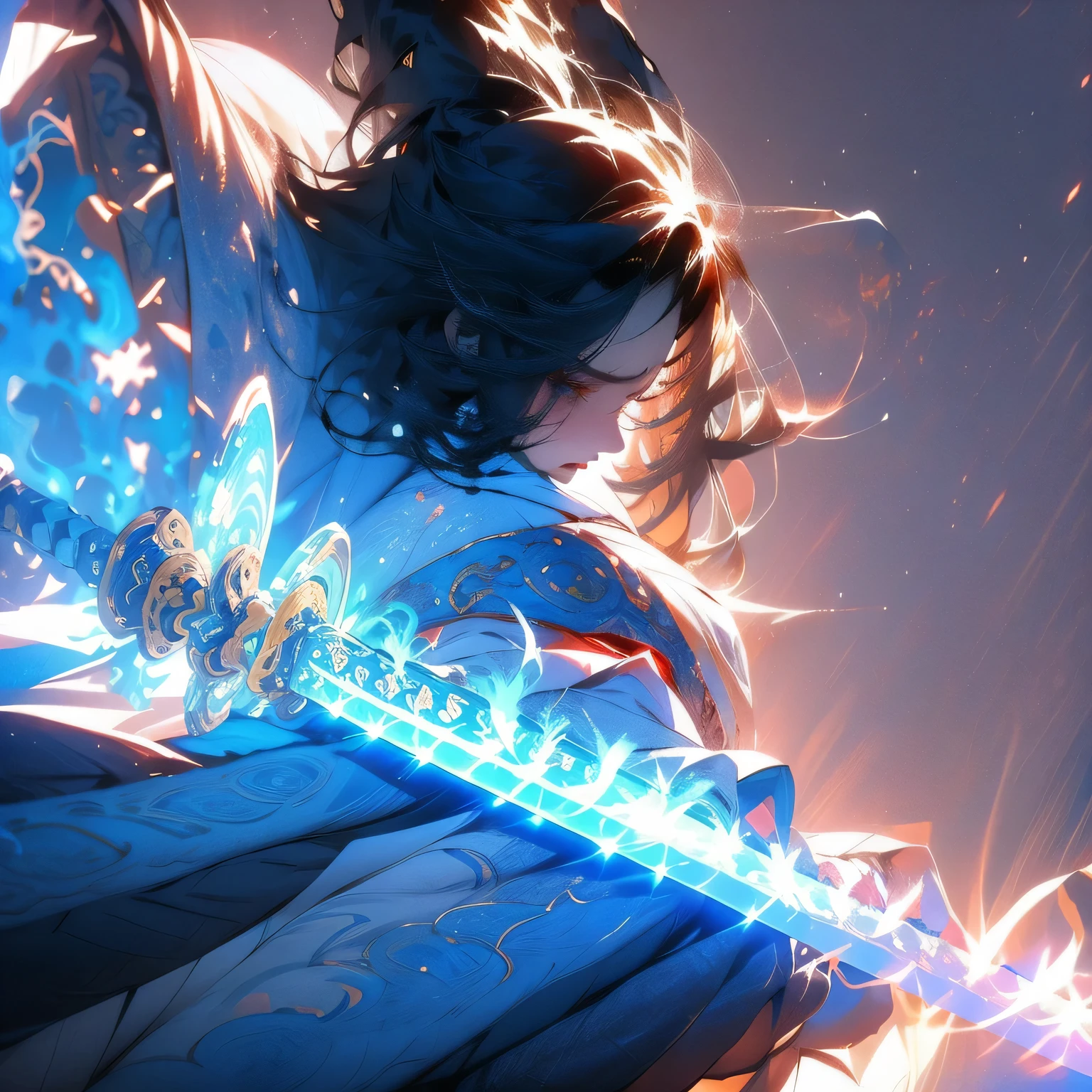 a boy,long white hair,holding sword in hand,roar,Angry expression,