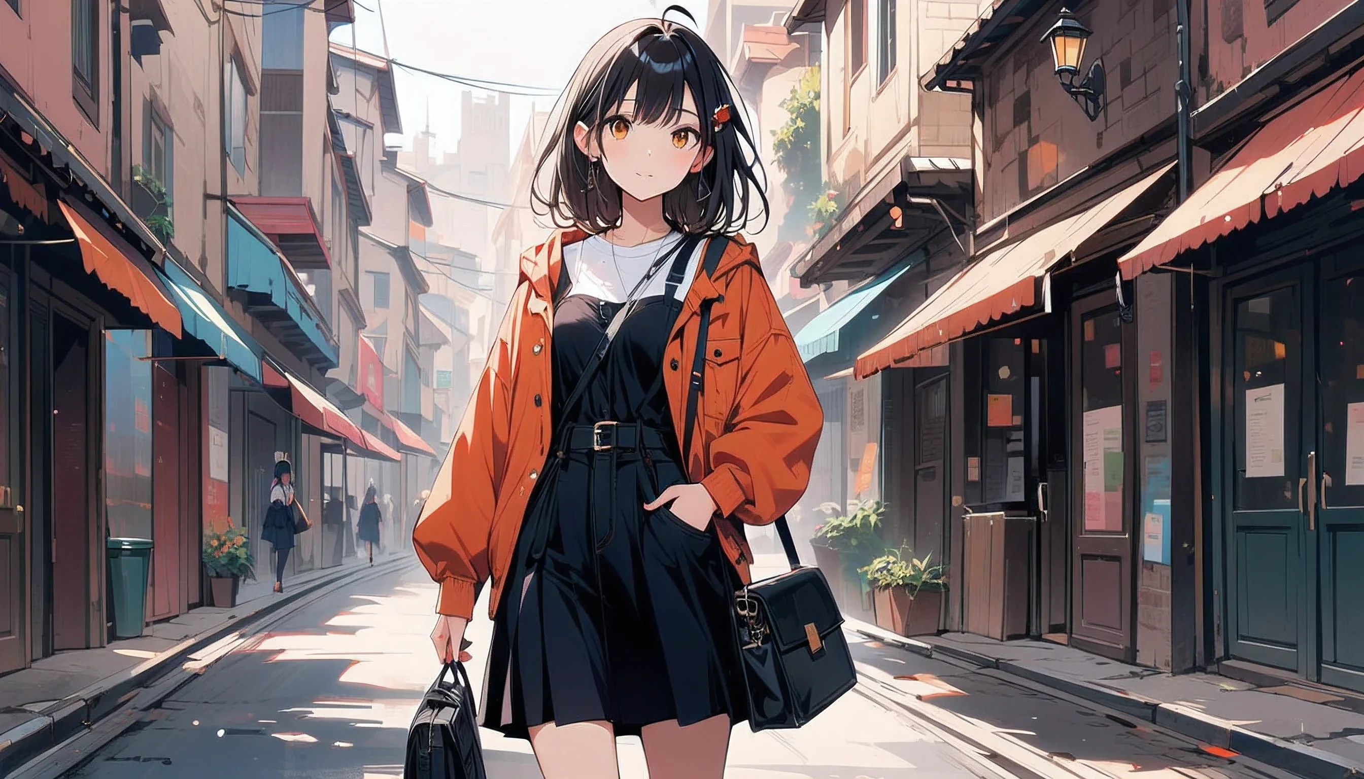 1girl, ahoge, bag, basket, dress, hair_ornament, looking_at_viewer, shoulder_bag, skirt
