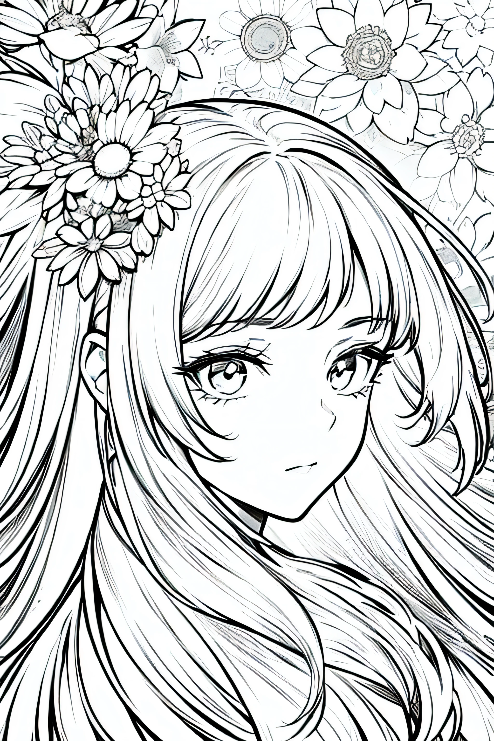 best quality, high resolution, detailed background, high contrast, 1 girl, close-up of the head, floral background, clean line drawings, vibrant colors
