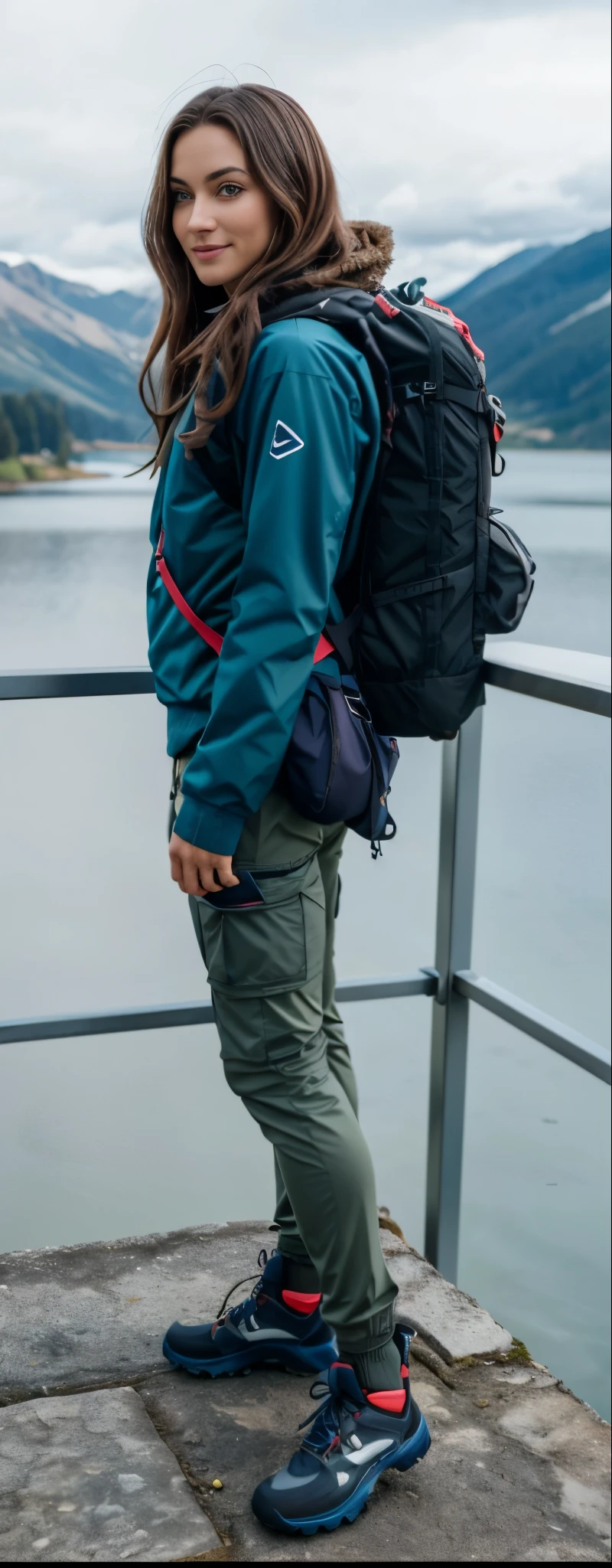 (((mulher))) arafiada standing on a ledge overlooking a lake and mountains, uma mulher vestindo uma mochila, roupas de caminhada, wearing equipamento de aventura, com uma mochila, carrying survival gear, bolsa na cintura, vestindo equipamento de aventura, com dois bolsos frontais, equipamento de aventura, wearing cargo pants, detalhes robustos, vestindo roupas sujas de viagem, o homem tem uma mochila