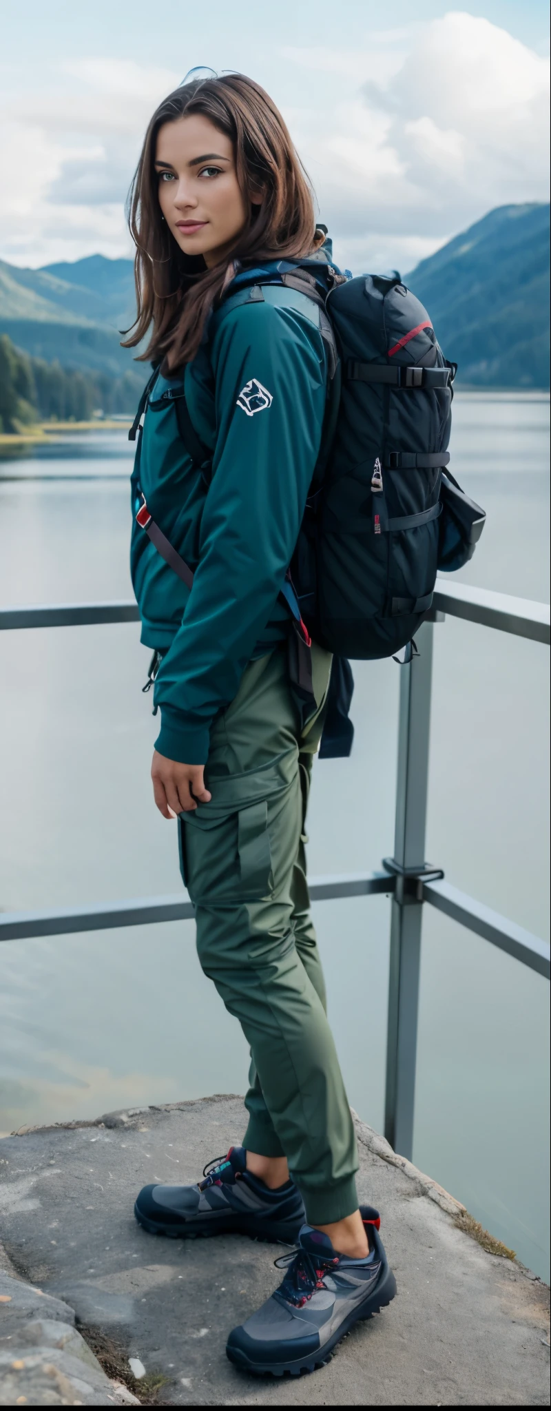 (((mulher))) arafiada standing on a ledge overlooking a lake and mountains, uma mulher vestindo uma mochila, roupas de caminhada, wearing equipamento de aventura, com uma mochila, carrying survival gear, bolsa na cintura, vestindo equipamento de aventura, com dois bolsos frontais, equipamento de aventura, wearing cargo pants, detalhes robustos, vestindo roupas sujas de viagem, o homem tem uma mochila