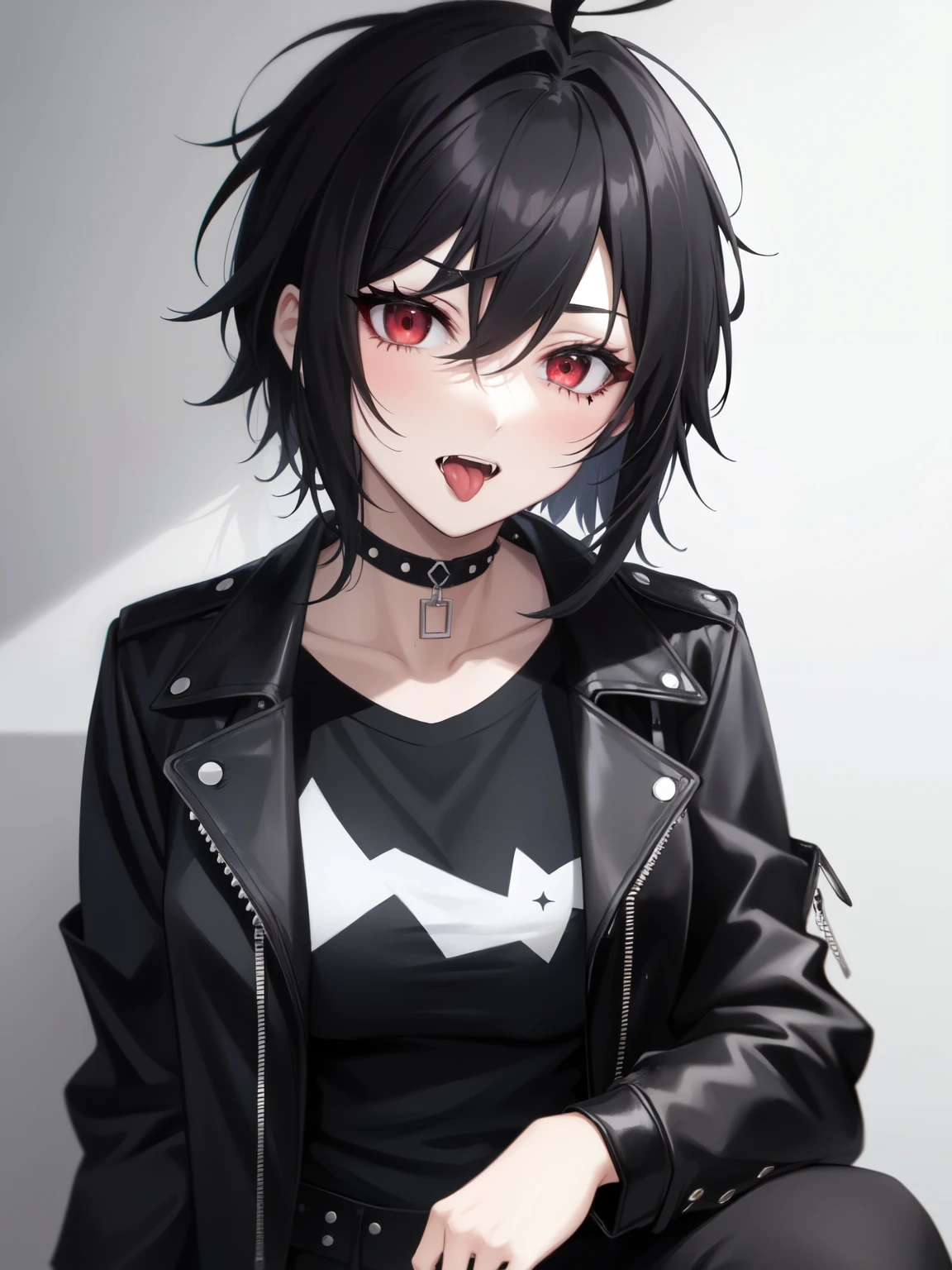 1girl, solo, mature female, (pale skin:0.9), red eyes, black hair, (wavy hair:0.1), messy hair, short hair, hair between eyes, mullet, wolfcut, pixie cut, goth, emo, punk, gothic, black lips, breasts, black biker jacket, black shirts, black pants, choker, , anime minimalist 