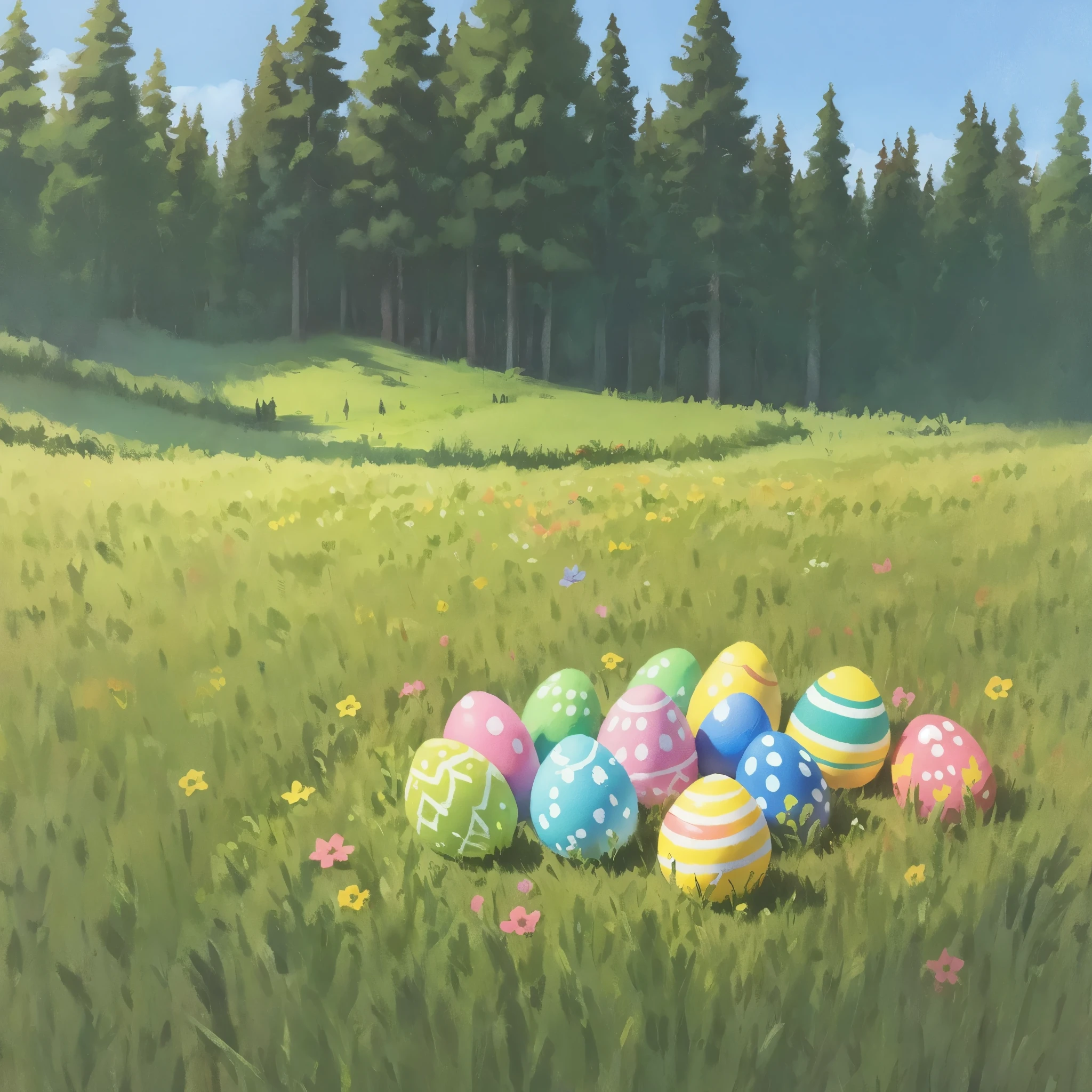 a meadow with a beautiful basket full of easter eggs coloured with acrylic and oil paints, easter vibes.