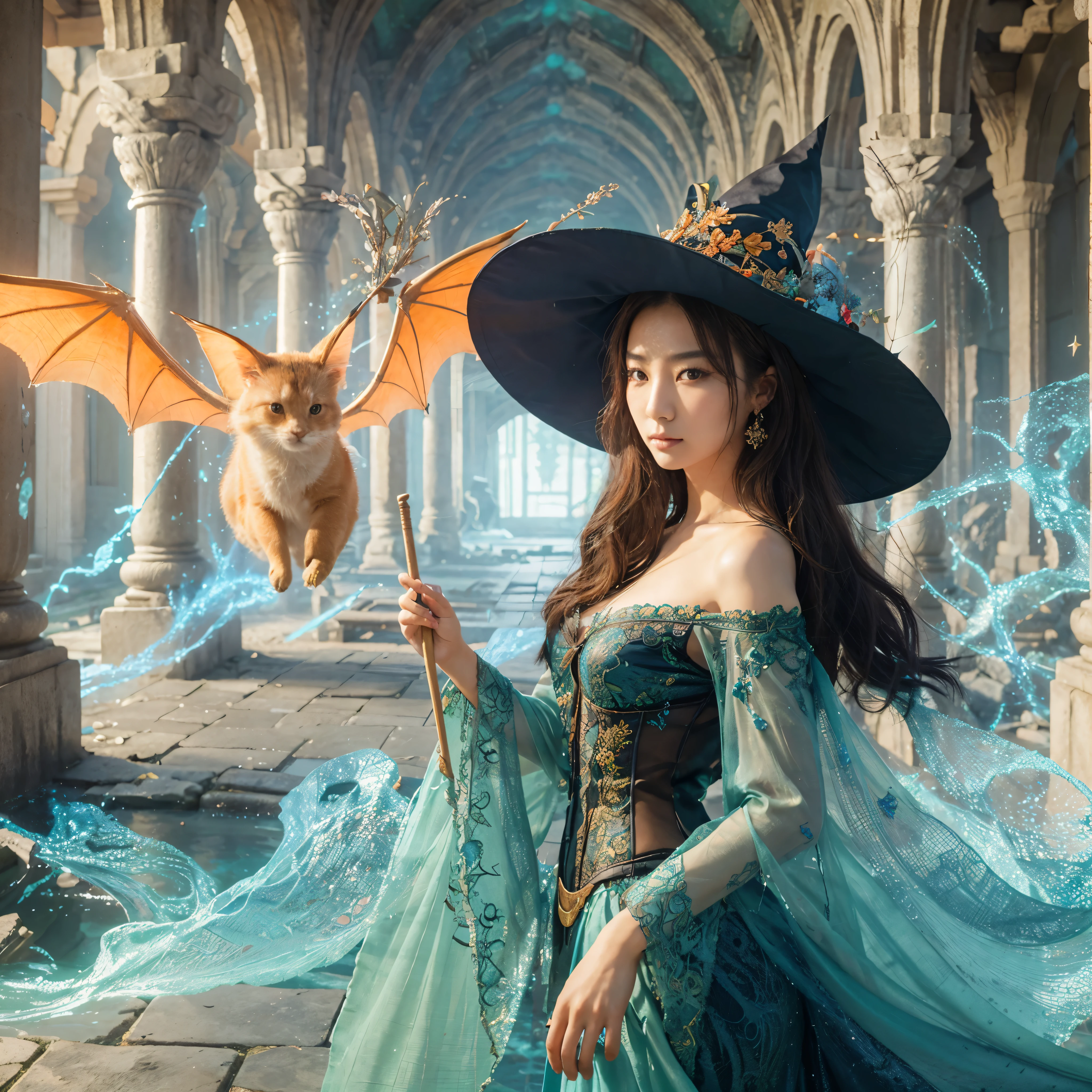 a beautiful Korean woman, beautiful face, as a witch, attractive pose, accompanied by a cute magical creature with bat wings and a long tail, is in the ruins of a temple, decorated with harmonious streams of light green blue orange, very detailed, best composition, masterpiece, UHD, octane render, very detailed, intricate detail, 32K