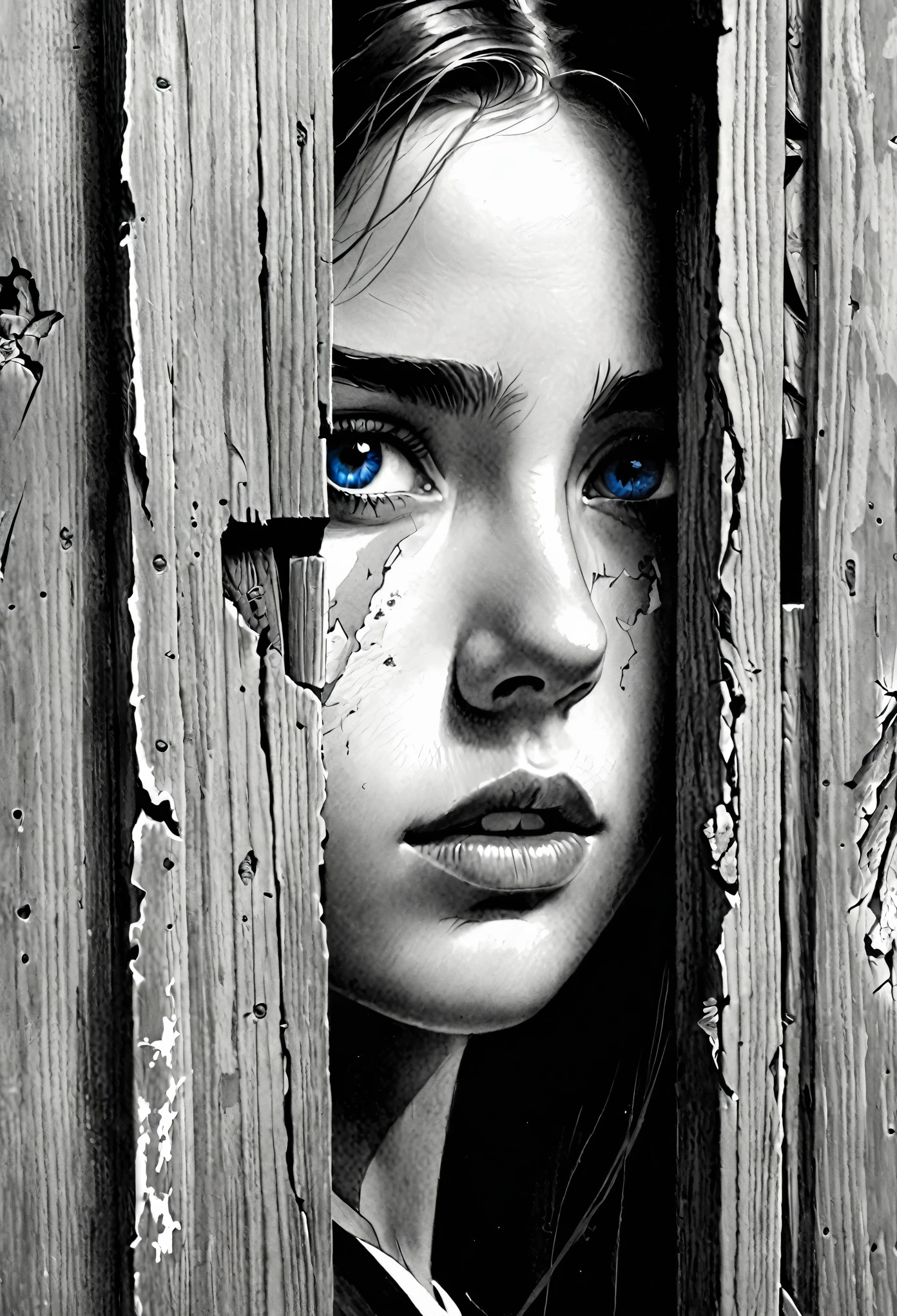 (Pencil_Sketch:1.2, messy lines, greyscale, traditional media, sketch),1 European girl,1 eyes,(A broken wooden door with only a slanted gap,The girl's eyes are exposed through the crack of the door),These are the traces of her battles。This character is designed with a sense of power and mystery,at the same time, Also showed her tenacity and courage。Every detail about her makes us curious about her story,blue,red palette,Strong contrasting colors,