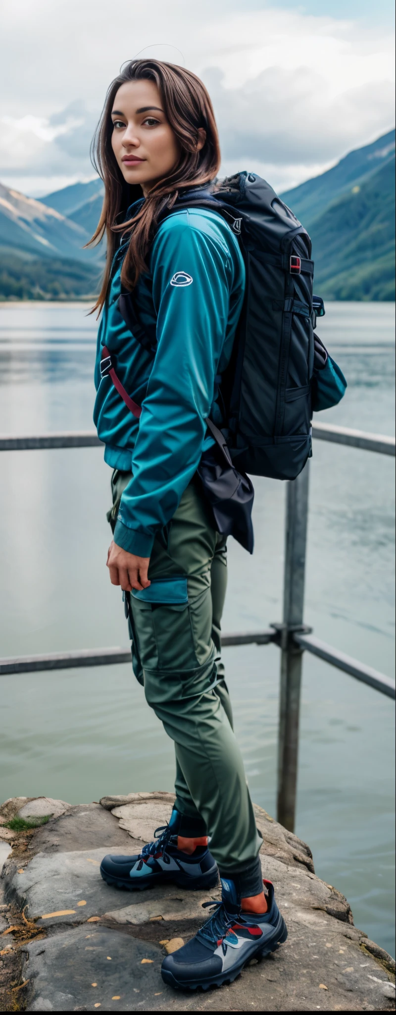 (((mulher))) arafiada standing on a ledge overlooking a lake and mountains, uma mulher vestindo uma mochila, roupas de caminhada, wearing equipamento de aventura, com uma mochila, carrying survival gear, bolsa na cintura, vestindo equipamento de aventura, com dois bolsos frontais, equipamento de aventura, wearing cargo pants, detalhes robustos, vestindo roupas sujas de viagem, o homem tem uma mochila