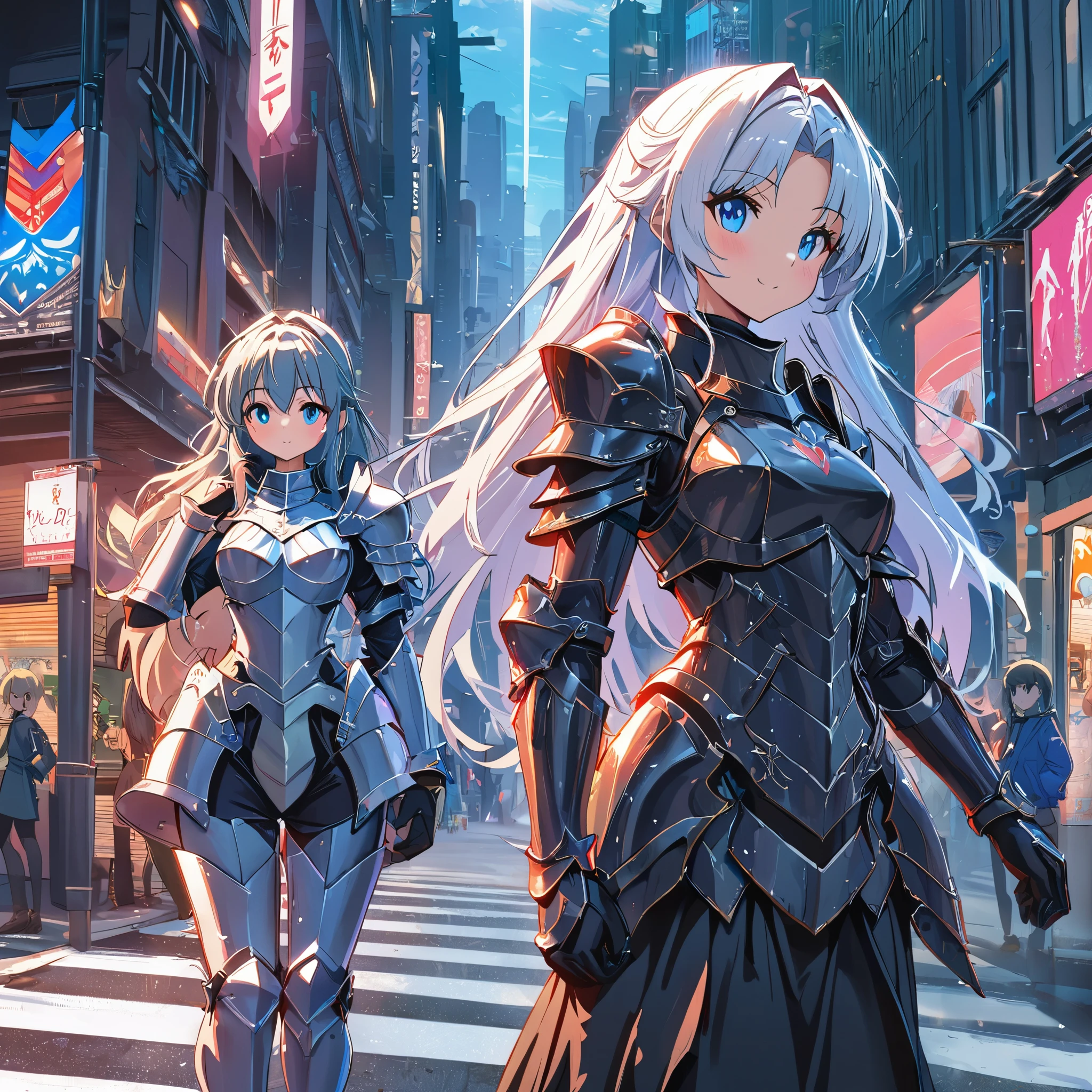 2Girl,Girl,Girl,ultra detailed,Anime character wearing armor standing at a crosswalk in the city, shining plate armor, two beautiful girls,,Epic light novel art cover,HKStyle, fateful anime style, Gwaites style artwork,masterpiece,best quality
