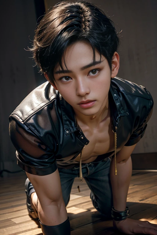 Handsome young boy , K-pop idol , all fours , sexy , front view , 16k resolution , ultra-high clarity , hyperrealism, uhd , looking at viewer