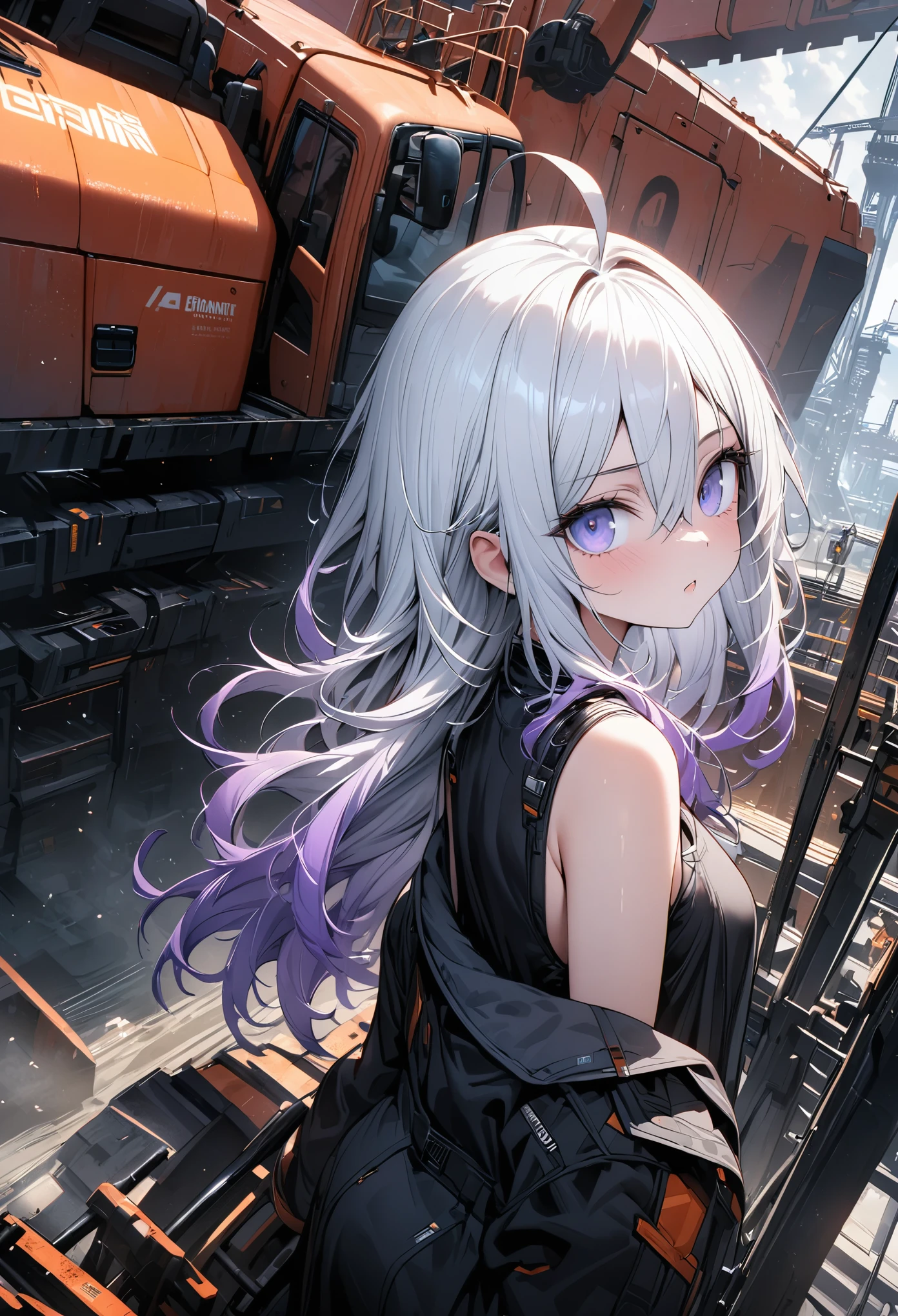 masterpiece, top quality, highly detailed, Unity 8k wallpaper, (riding a crane truck), firmament, girl 1 person, heavy machinery, gradient hair, hair between eyes, ahoge, age: 16, looking back, pretty face, white neeso,