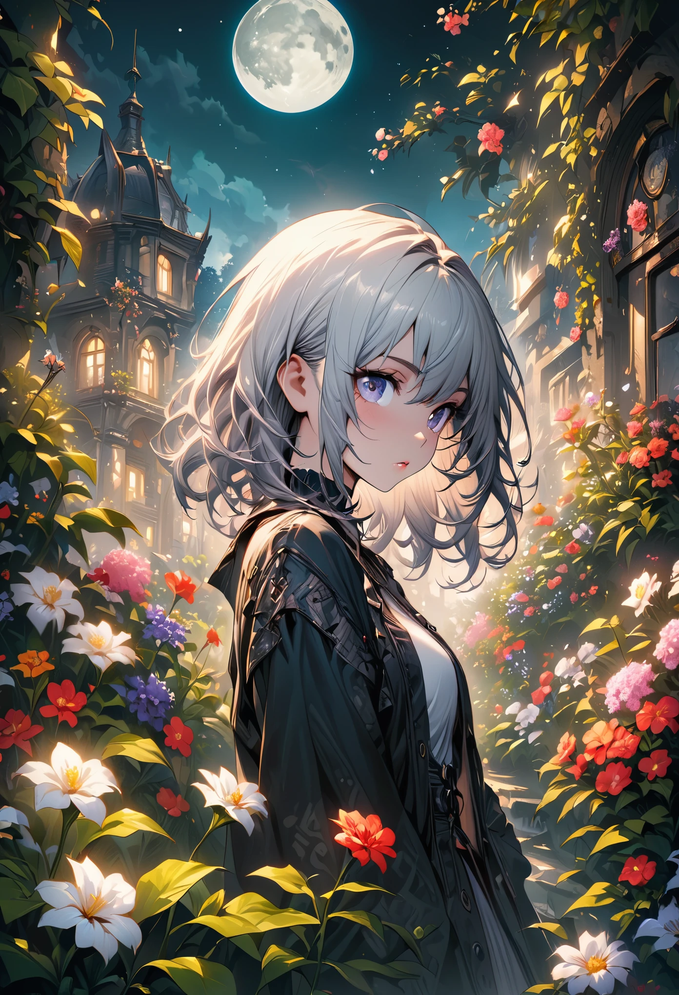 best quality, high_resolution, distinct_image, detailed background ,girl, flower,garden,moon,