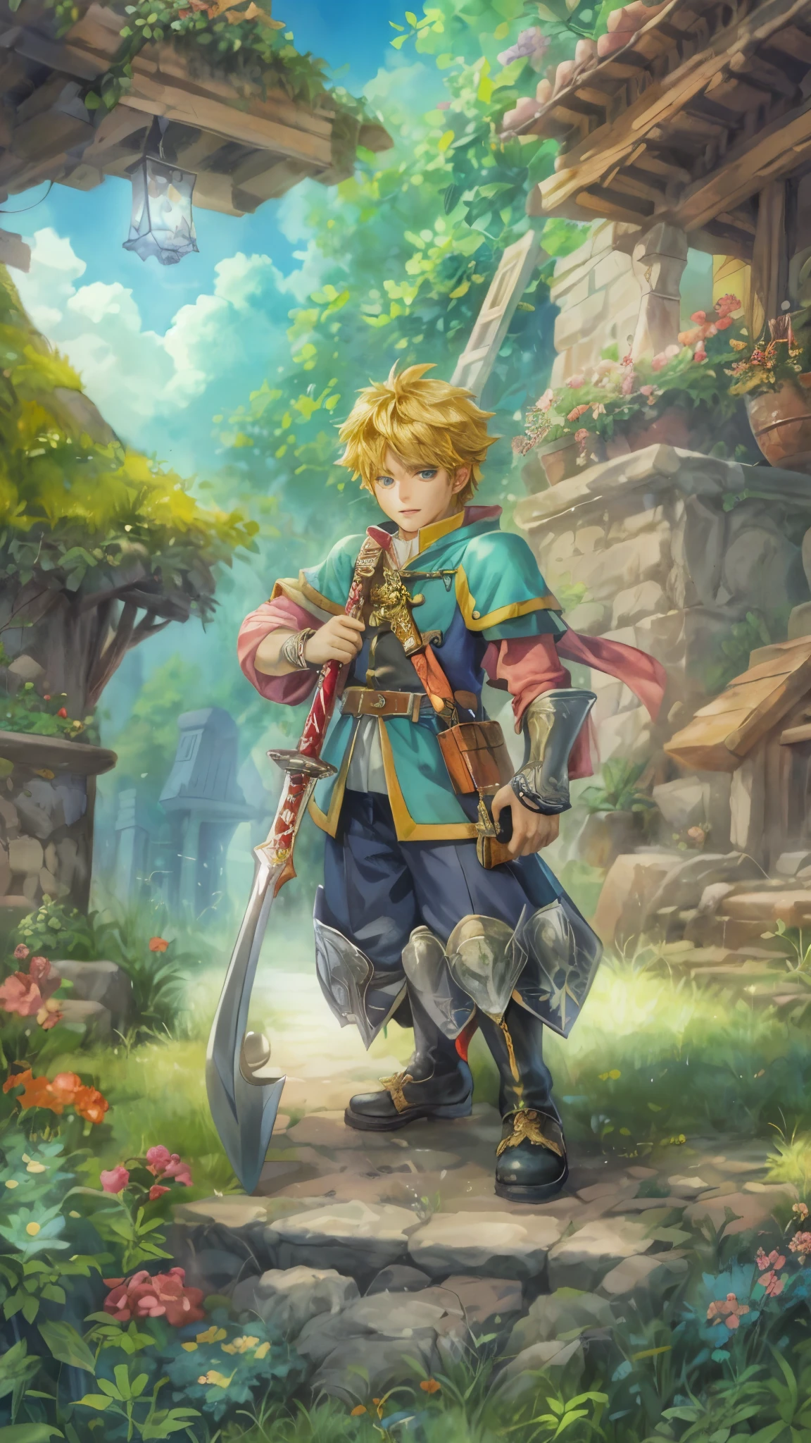 (absurdres, highres, ultra detailed, HDR), masterpiece, intricate, best quality, portrait of a character from "Sword of Mana", a male hero in a detailed scenery town background