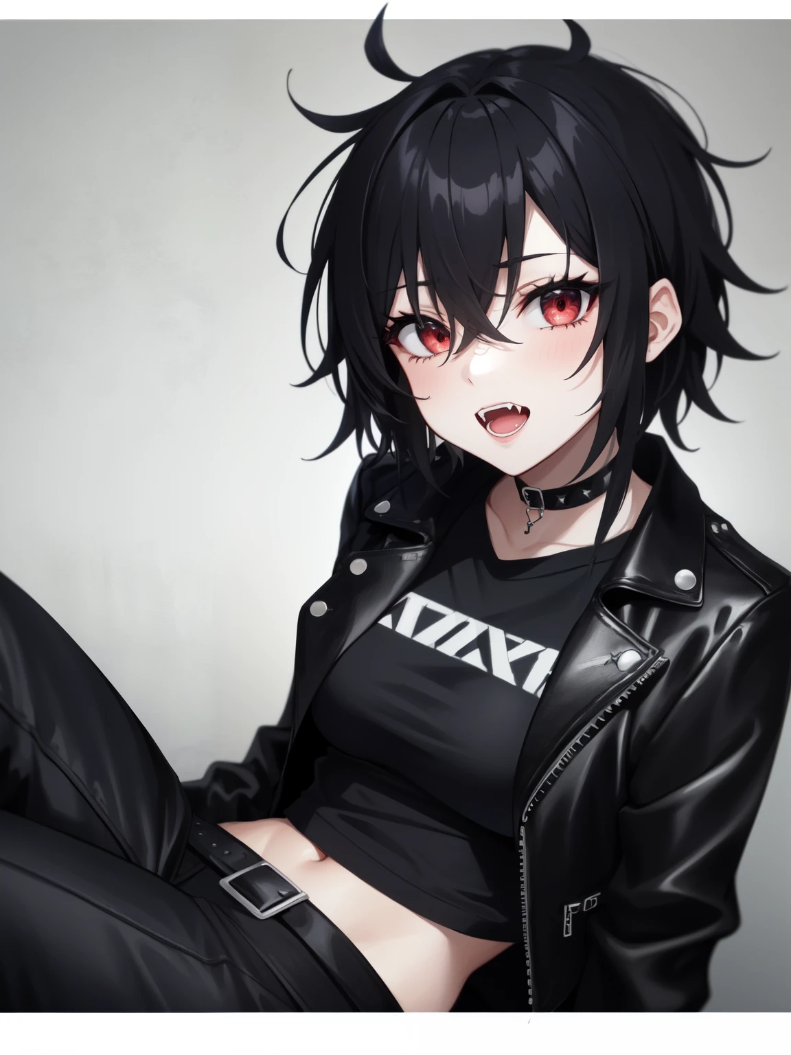 lineart, 1girl, solo, mature female, (pale skin:0.9), red eyes, black hair, (wavy hair:0.1), spiky_hair, messy hair, short hair, hair between eyes, mullet, wolfcut, pixie cut, goth, emo, punk, gothic, breasts, black biker jacket, black shirts, black pants, black choker, portrait, (open mouth:0.4), fangs, imminent grab pose