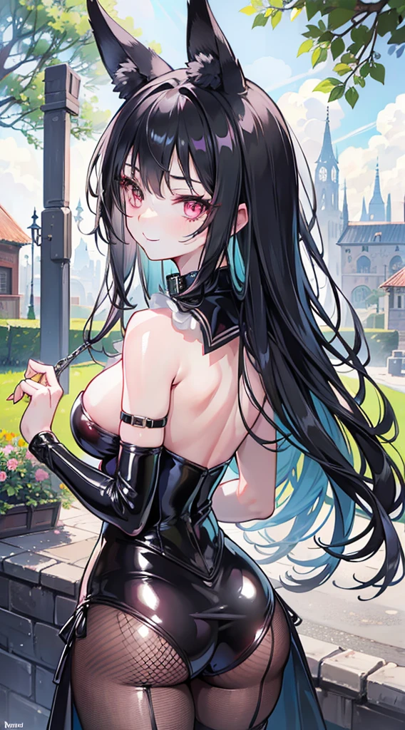 high quality, masterpiece, super detailed, 1 girl,  Rear view，look back，extremely detailed faces, Black latex bunny girl，Black fishnet stockings，handcuffs，collar，Calm expression,Smile，handcuffs，collar，long black hair, charming pink eyes, fox ears, Ridiculously big, shiny skin, Outdoor sports, garden, Medieval western town, 