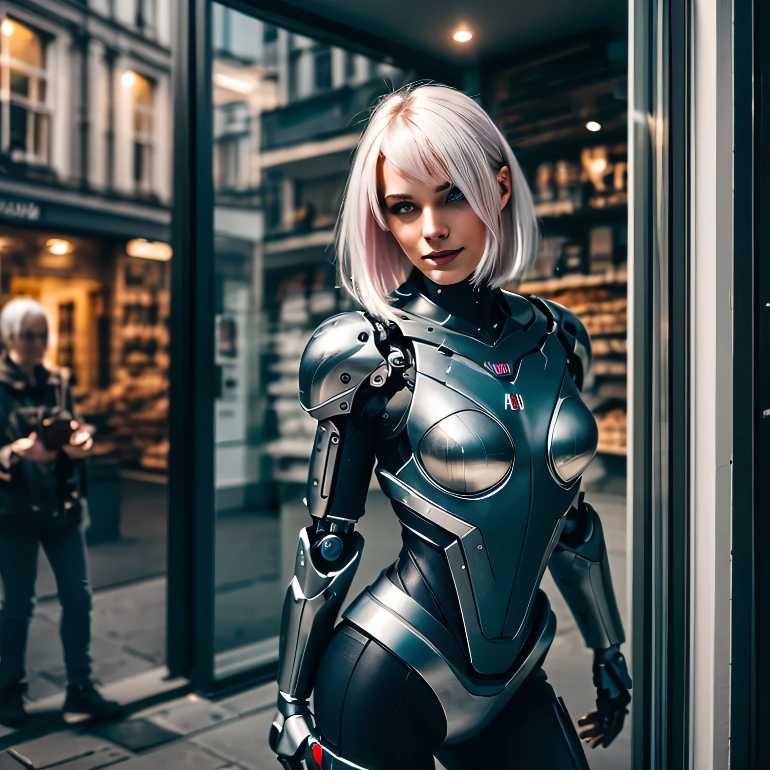 Ultra pretty cyborg girl, perfect android girl, beautiful robot character design, (streamlined pink armor), white hair, Spiegelreflexbeleuchtung, SLR camera, Ultra quality, Sharpness, depth of field, Filmkorn (Center), Fujifilm XT3, Kristallklar, Rahmenmitte, Pretty face, scharfer Fokus, Full body image, dynamische pose, realistisch,Create an image of a beautiful cyborg woman with a human head and a mechanized body, die in einer entspannten Pose an einem schaufenster in einer altstadt, der weg besteht aus Pflastersteine, Street lights illuminate the alley, Die Cyborg-Frau betrachtet die Szenerie mit bewunderndem Blick, the sky is slightly cloudy, Cyborg girl leans against a shop window, Bakery in the shop window,cyborg girl with seductive smile, 