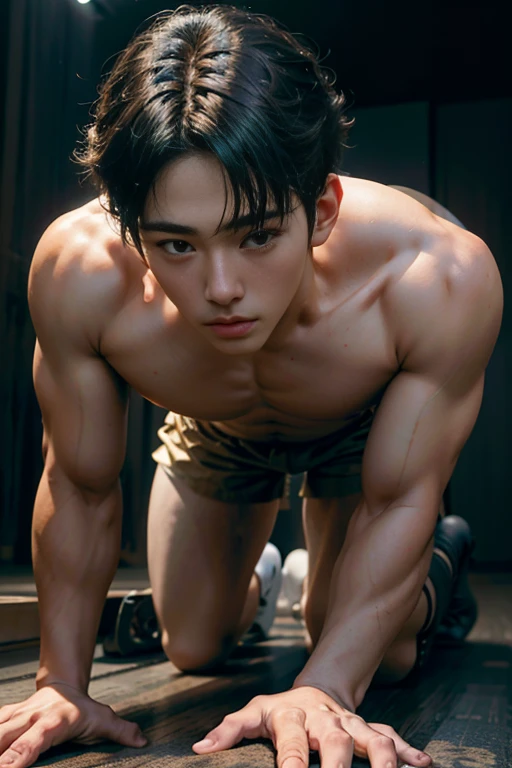 Handsome man , K-pop idol , all fours , sexy , front view , 16k resolution , ultra-high clarity , hyperrealism, uhd , looking at viewer