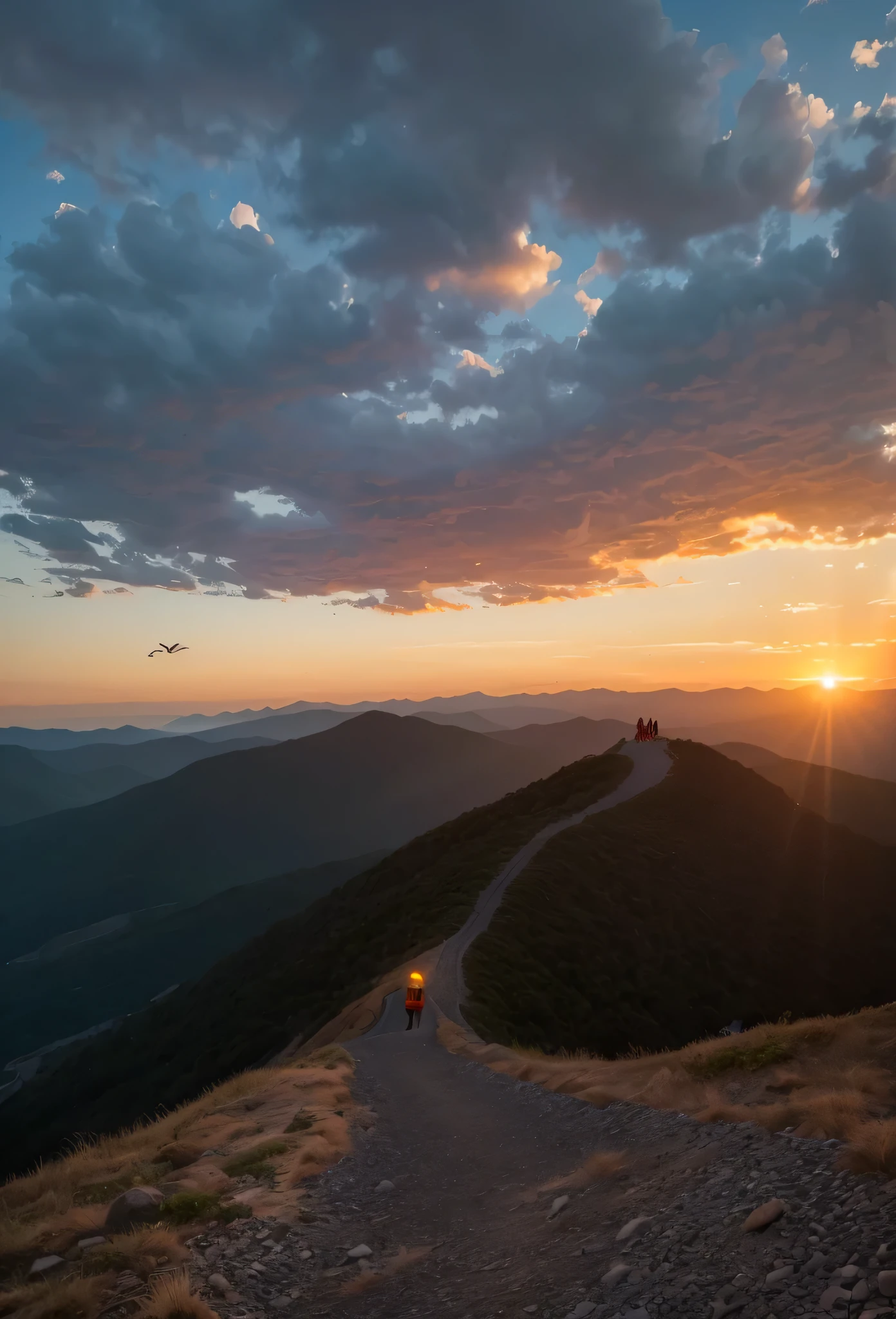 There is a person going up the mountain for sunset. Amazing sunset. There are birds flying in the sky and the deep starry sky.