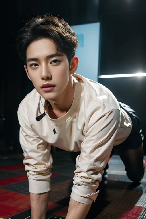 Handsome man , K-pop idol , all fours , sexy , front view , 16k resolution , ultra-high clarity , hyperrealism, uhd , looking at viewer
