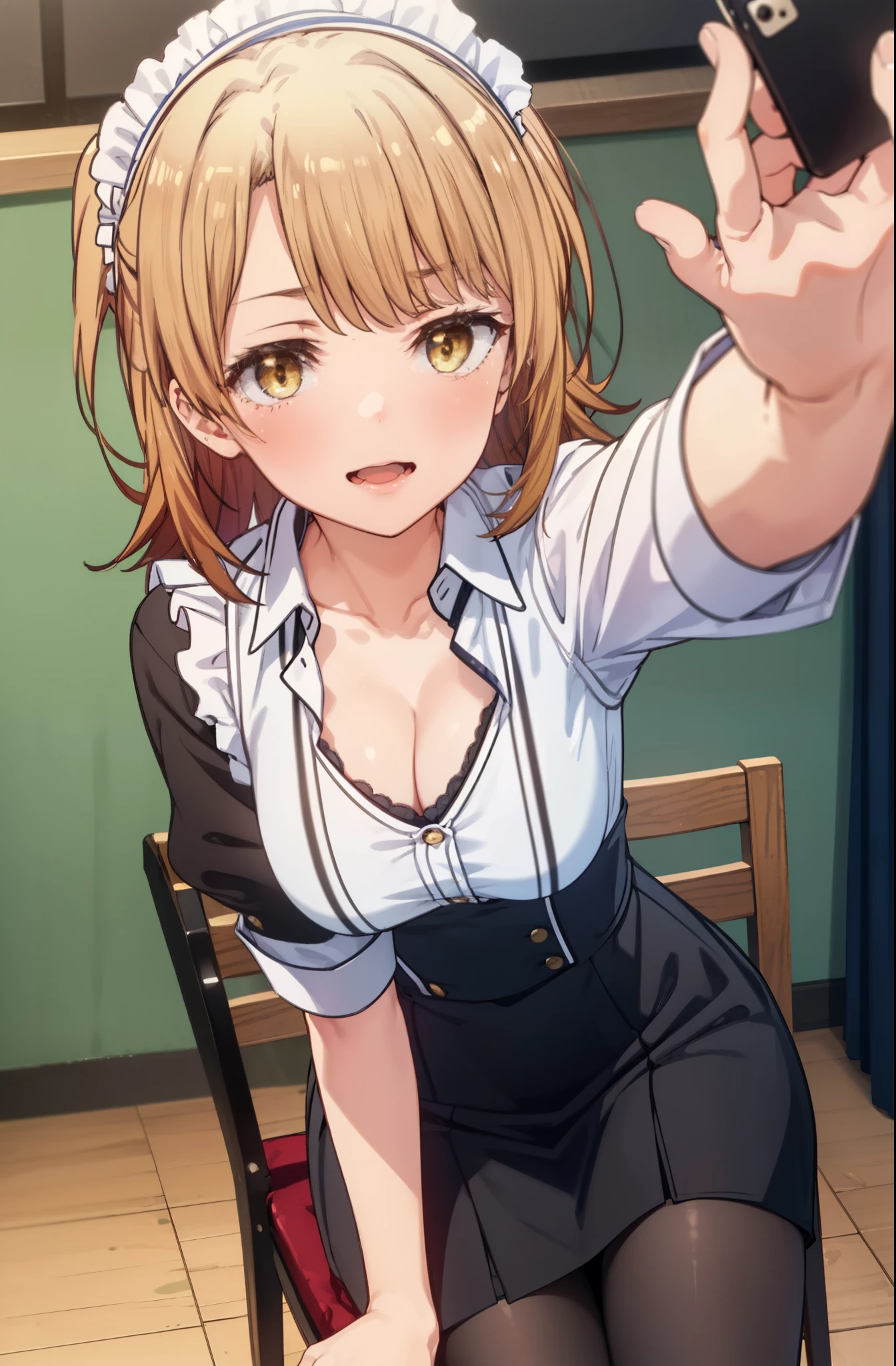 irohaisshiki, iroha isshiki, long hair, brown hair, (brown eyes:1.5), Take a selfie from above your head,with left hand, He opened the collar of his shirt to show his cleavage.,smile, smile, open your mouth,short braided hair,ponytail,blush,smile,Maid clothes open collar,Medium chest,she was wearing a miniskirt, black pantyhose, sitting cross-legged on a chair,Make sure the whole body is included in the illustration,
break indoors, coffee shop,
break looking at viewer,
break (masterpiece:1.2), highest quality, High resolution, unity 8k wallpaper, (shape:0.8), (fine and beautiful eyes:1.6), highly detailed face, perfect lighting, Very detailed CG, (perfect hands, perfect anatomy),