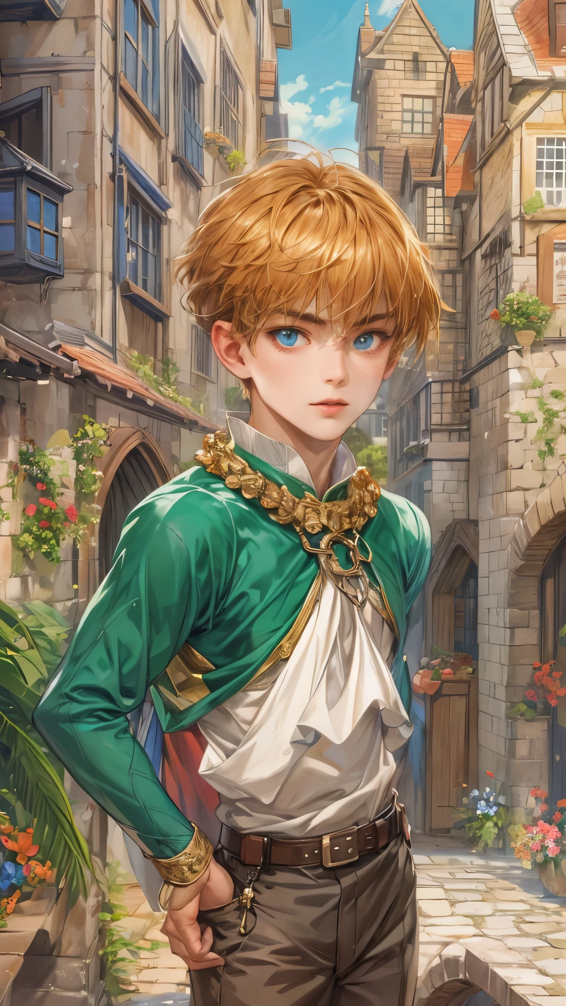 (masterpiece,best quality,ultra_detailed,highres,absurdres),1boy, perfect face, handsome, shorthair, character from gba game shining force, detailed scenery of town england style, detailed character