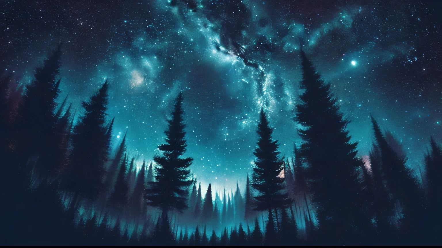 there is a picture of a night sky with a star trail, jen bartel, endless cosmos in the background, surreal space, calm night. digital illustration, cyber space forest scene, cosmic starry sky, galactic landscape, by Christopher Balaskas, inspired by Christopher Balaskas, trees and stars background, cosmic sky, beautiful space, on a galaxy looking background