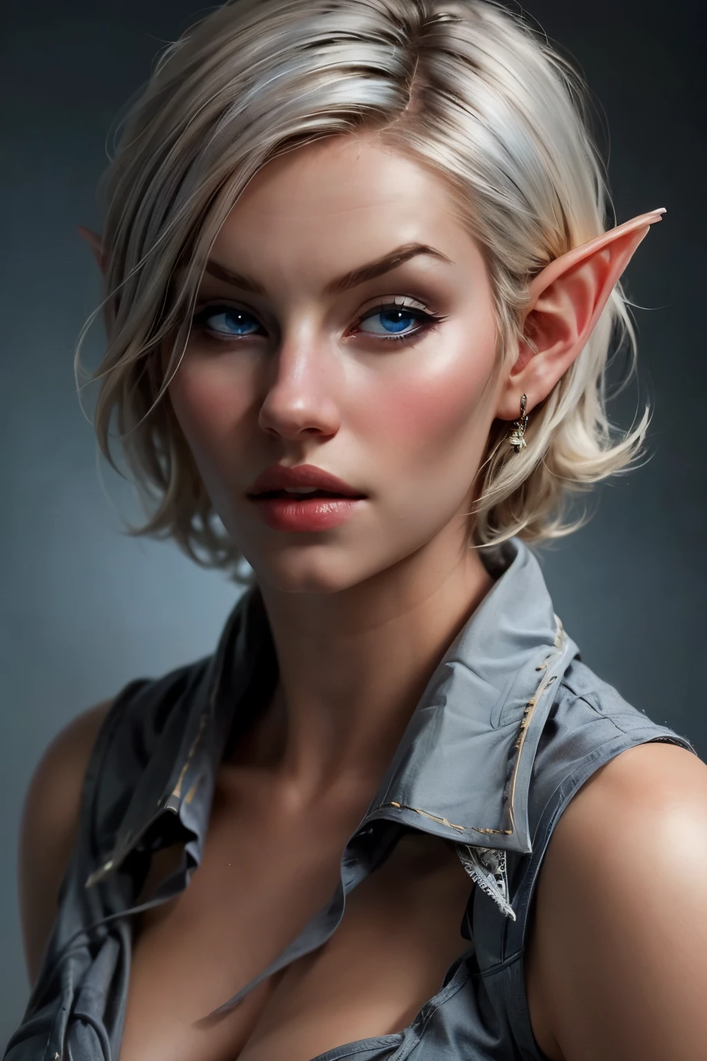 beautiful portait of nigth elf female in her 20s with fit body , perfect face feature , (blunt bob short hair), (silver hair color), (blue eyes color), thick kissable lips , thin nose ,pointy ears,