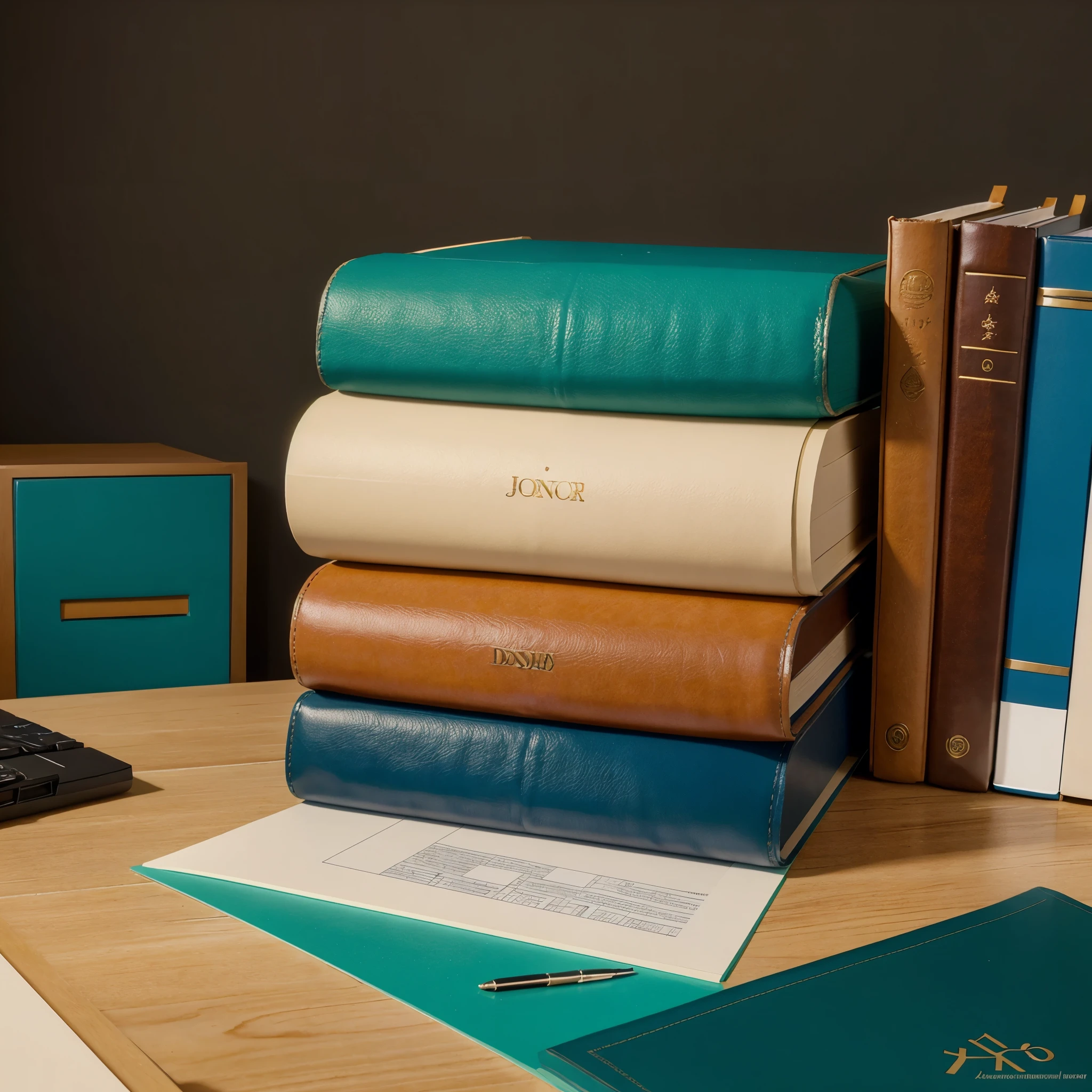 Je veux une pile de dossiers et de documents sur un bureau, on a colored background