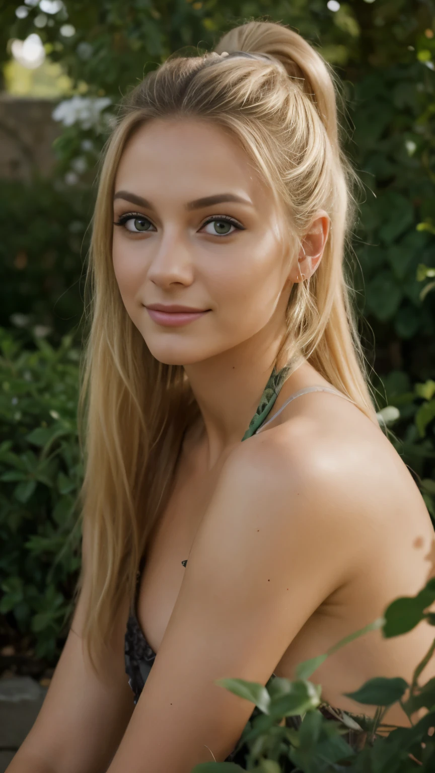 1 young attractive woman, full body completely nude, lying in nature, light colors, natural light, professional, (Sharp focus: 1.3), high detail, detailed skin texture, pores, beautiful detailed face, hazel eyes, detailed brows, long blonde hair, (attractive young woman: 1.3), (seductive: 1.1), (blushing: 1.1), hourglass body shape,