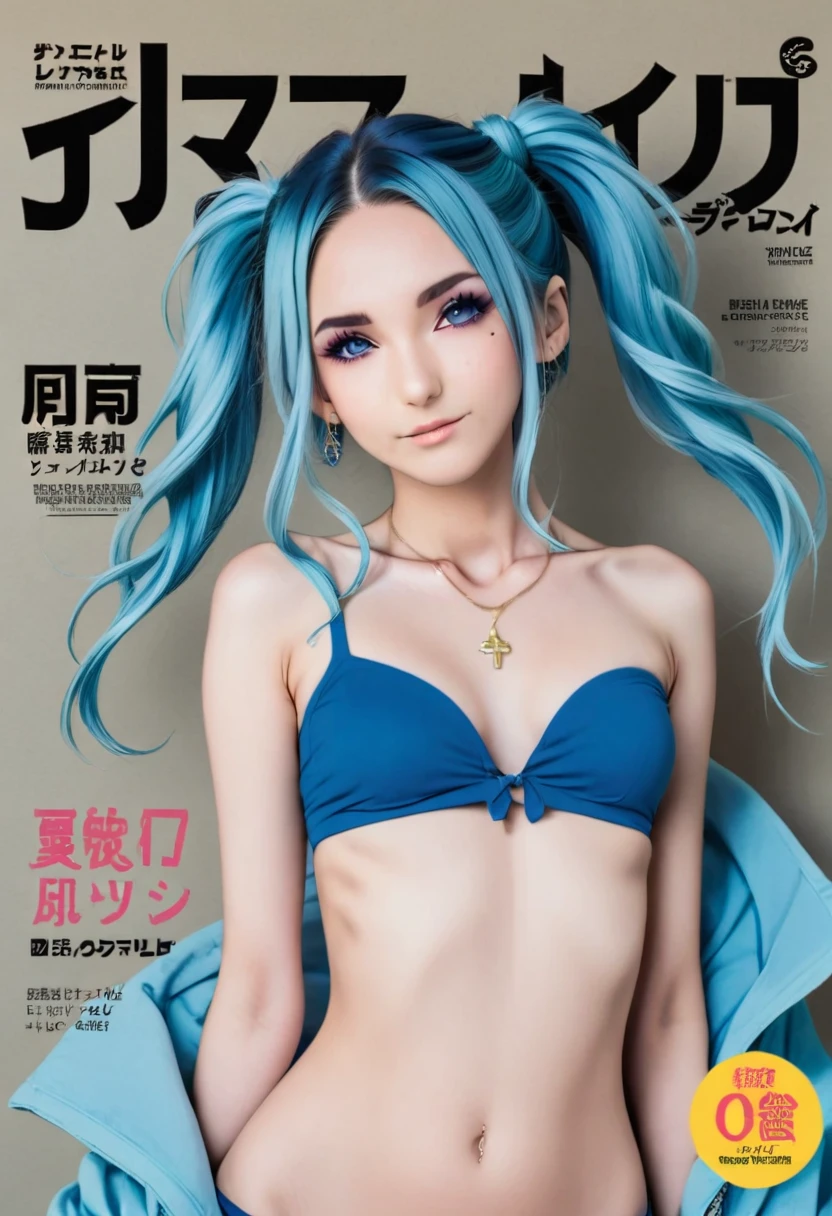 Aisha Hanabi in a magazine cover named, " Aisha Hanabi v1 ", blue hair, flat chested, mole under eye, magazine cover named, " Aisha Hanabi v1 ", 