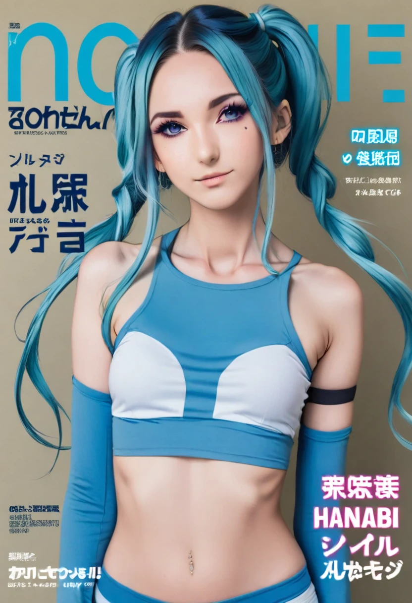 Aisha Hanabi in a magazine cover named, " Aisha Hanabi v1 ", blue hair, flat chested, mole under eye, magazine cover named, " Aisha Hanabi v1 ", 