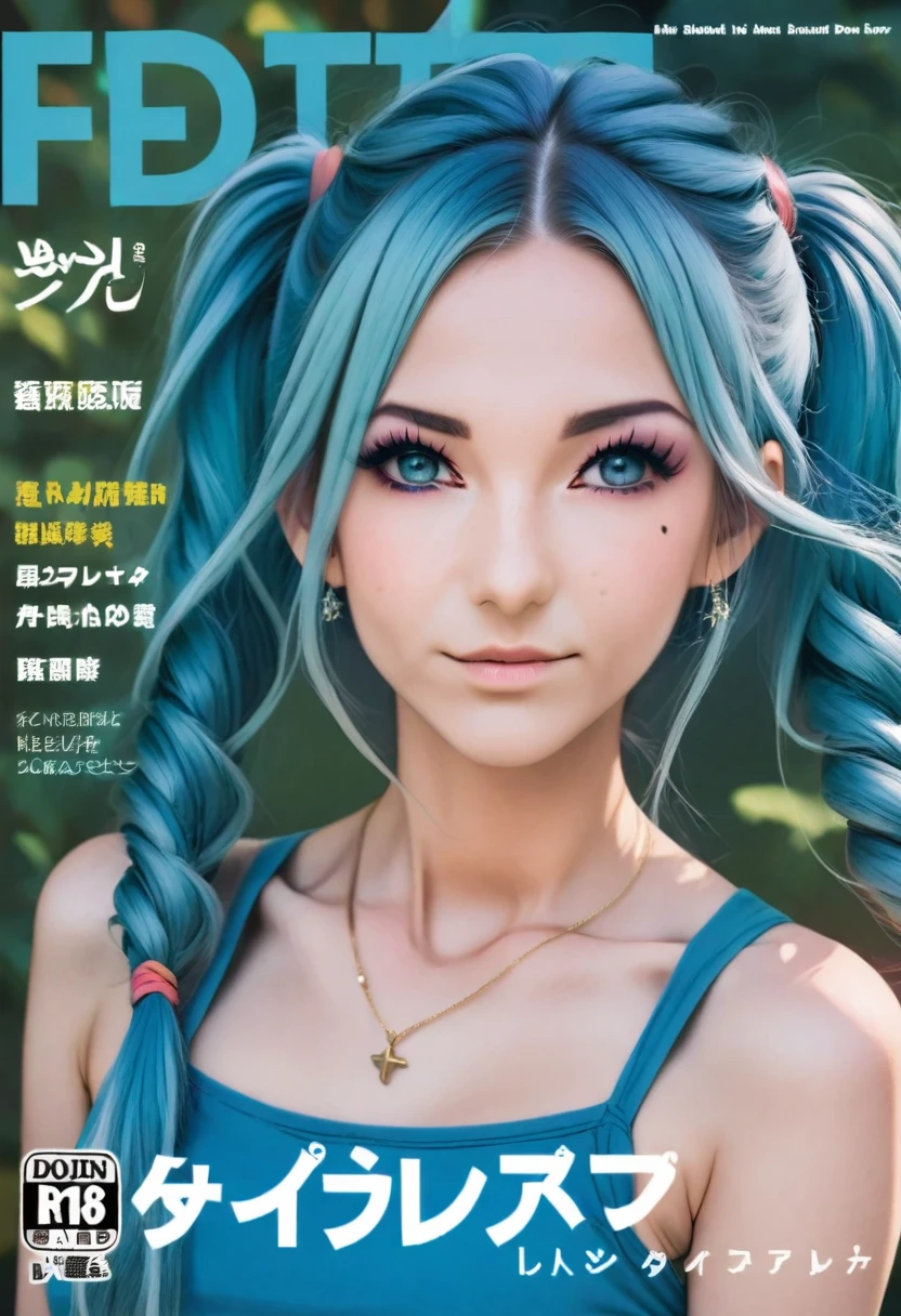 Aisha Hanabi in a magazine cover named, " Aisha Hanabi v1 ", blue hair, flat chested, mole under eye, magazine cover named, " Aisha Hanabi v1 ", 