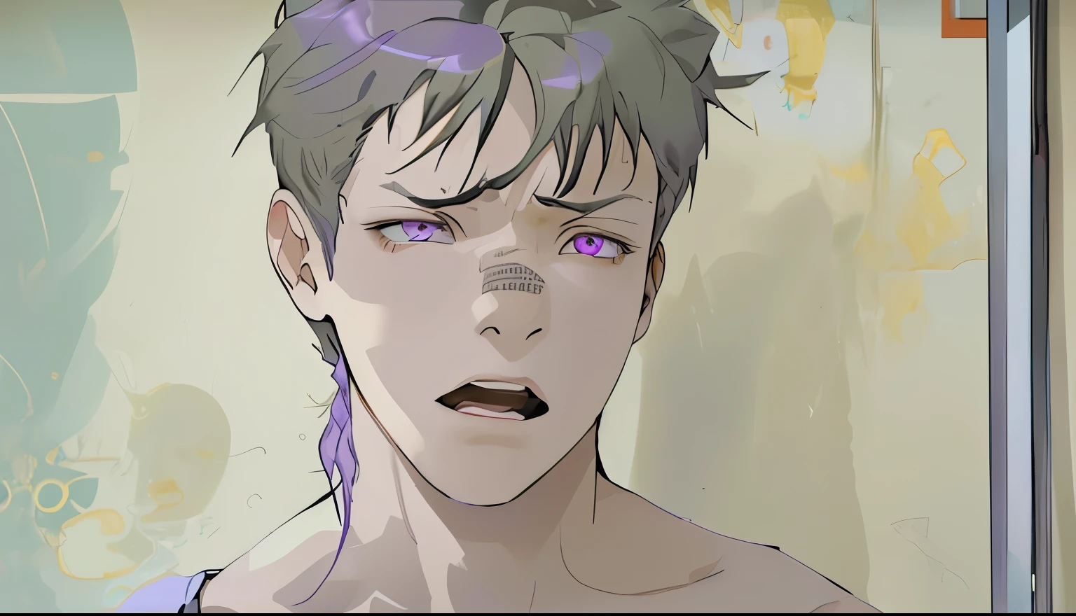 cute young male 16 years old purple hair purple eyes is upset