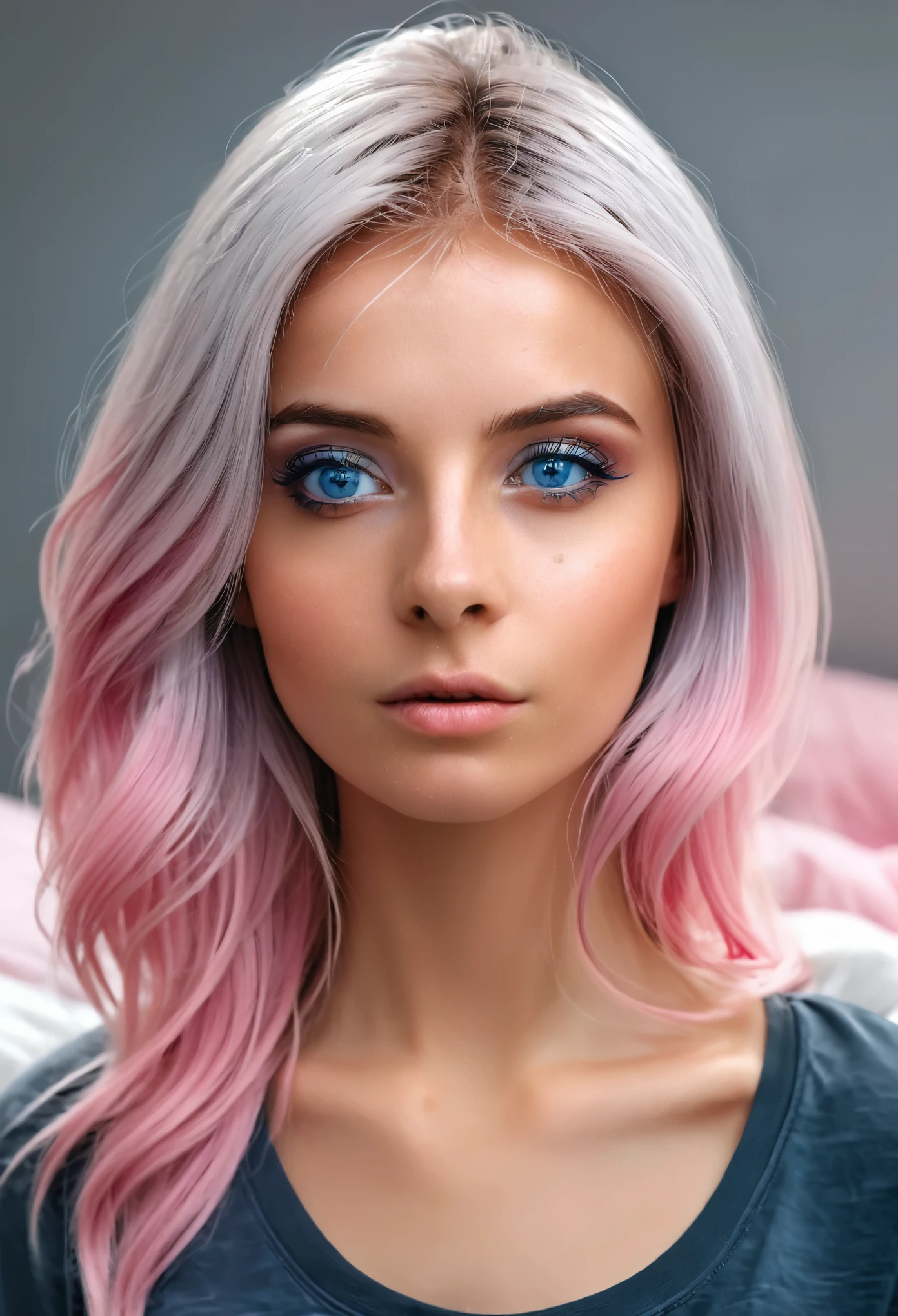 “A photorealistic portrait of a 25-year-old Polish woman with long, flowing powder pink hair and striking blue eyes, wearing a gray t-shirt. She should have a natural, cheerful facial expression. The background should be a bedroom, with gentle lighting. With a large bed and pink bedding. Take this photo with a high-resolution photo using an 85mm lens for an attractive perspective.”