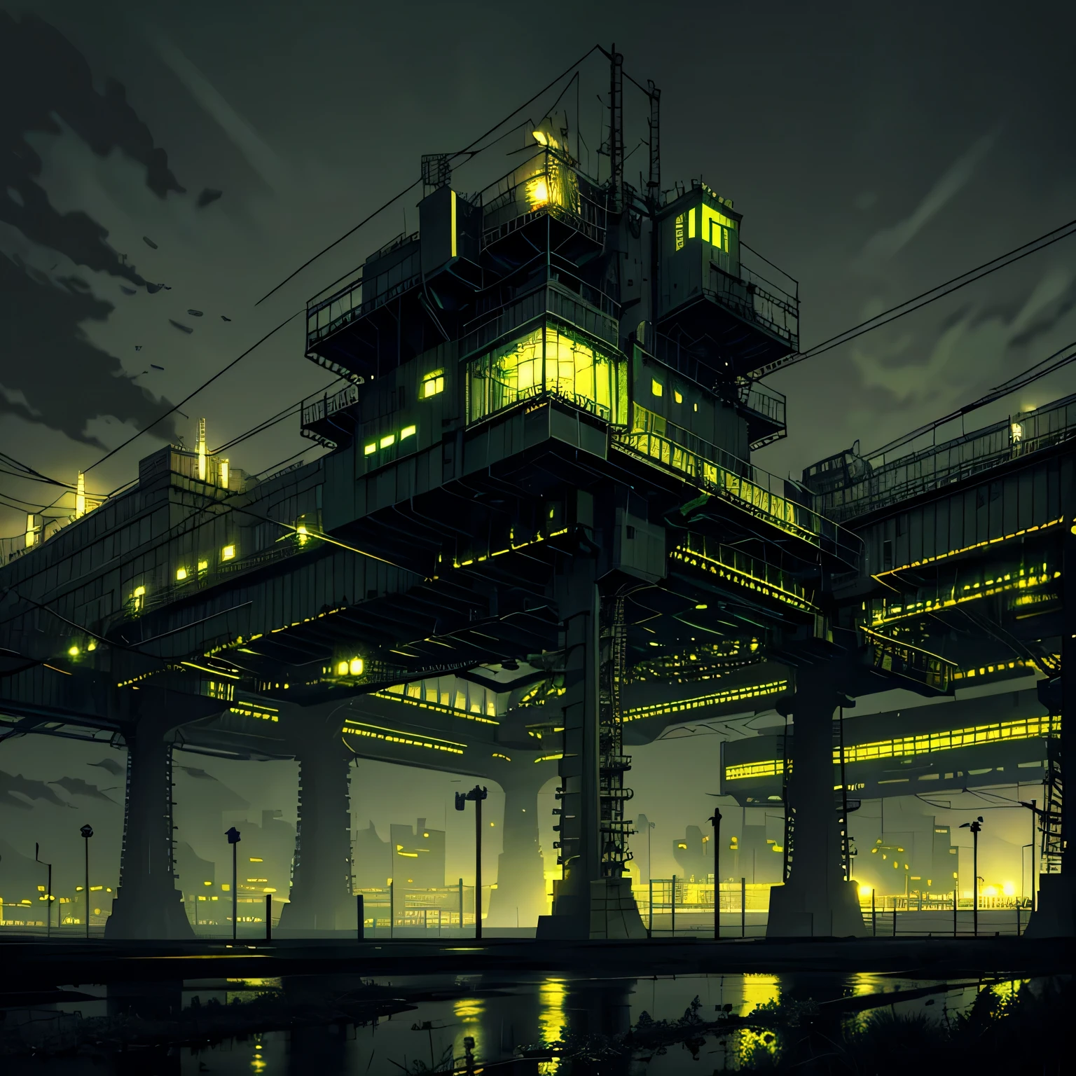 Dark industrial landscapes, massive gates, dark industrial landscapes in pale green and gray steel lights, highly detailed art, many details, masterpiece, vibrant light