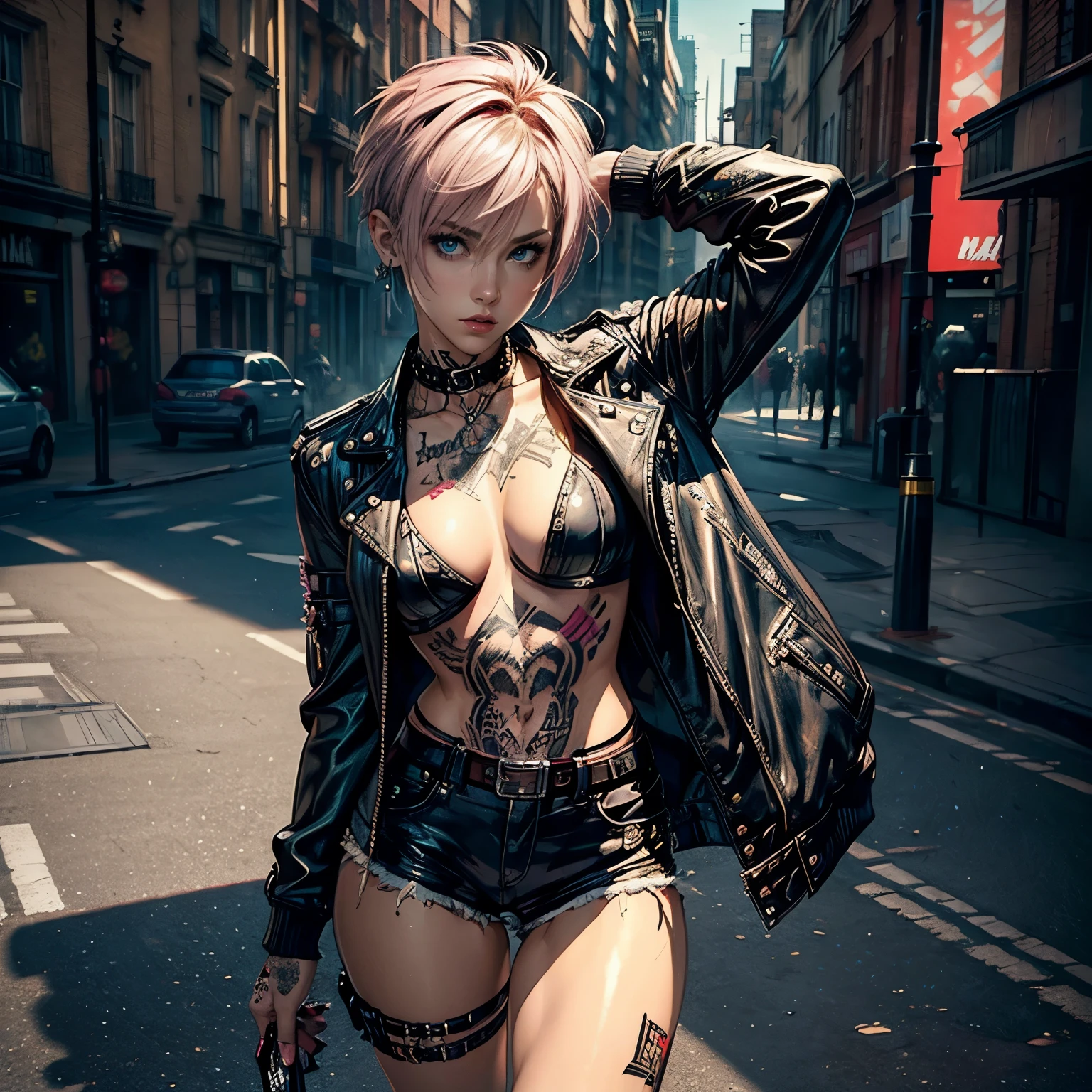 (((top quality: 1.4))),(A masterpiece like no other in history), (ultra high resolution),(Ultra-realistic 8k CG), official art、 (((adult body))), (((1 girl))), ((( bob short hair ))), punk girl with perfect body, jacket with metal spine,Beautiful and well-shaped face,,elaborate punk fashion,leather jacket, (Image from head to thighs),((Pink bob short hair )), ((small leather panties:1.0)), Simon Bisley's urban and brutal style,Detailed street background of London,beautiful abs, Complex graphics, (( Lots of poisonous tattoos )), earrings,