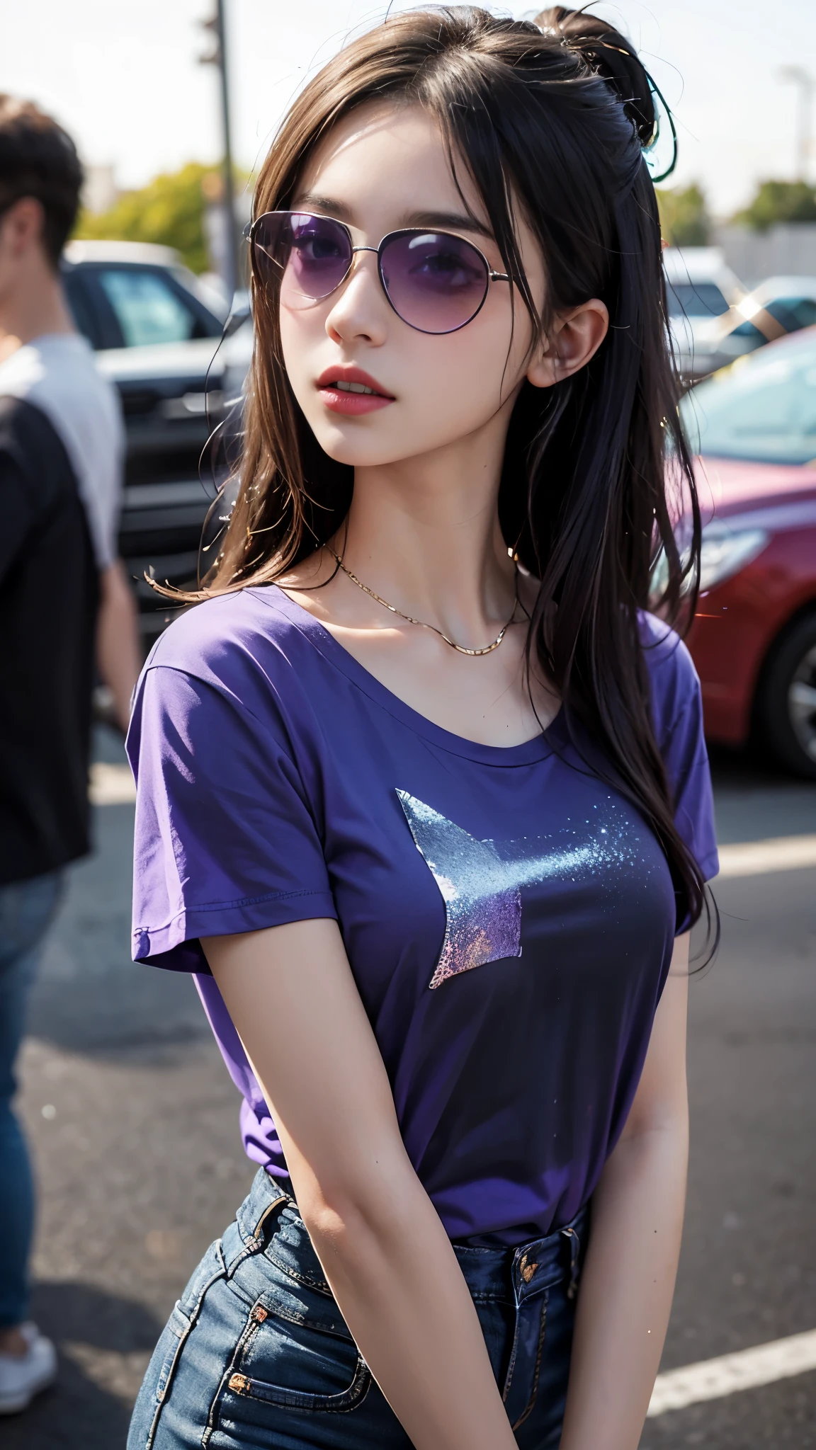 (best quality:1.2,4k ultra hd:1.2), a girl, beautiful face, full and glossy lips, long flowing hair, perfectly straightened, small breasts, (gradient purple t-shirt:1.5), (black straps t-shirt:1.4), black jeans, complete with a cap, (sparkling sunglasses:1.5), capturing her character and charm, with a blurred background enhancing the relaxed atmosphere, showcasing her confidence and elegance,