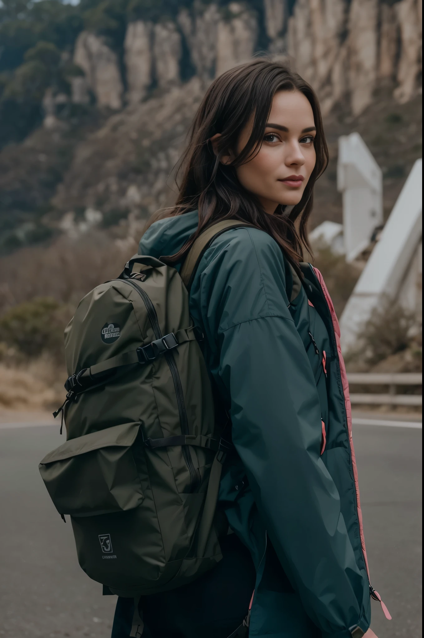 arafed woman with uma mochila walking on a road in front of a mountain, with uma mochila, uma mochila, retrato no meio da cena, Portrait in medium plane, wearing equipamento de aventura, roupas de caminhada, carrying survival gear, a man wearing uma mochila, arte mista, equipamento de aventura, 🤬 🤮 💕 🎀, Victoria Siemer, por Christen Dalsgaard