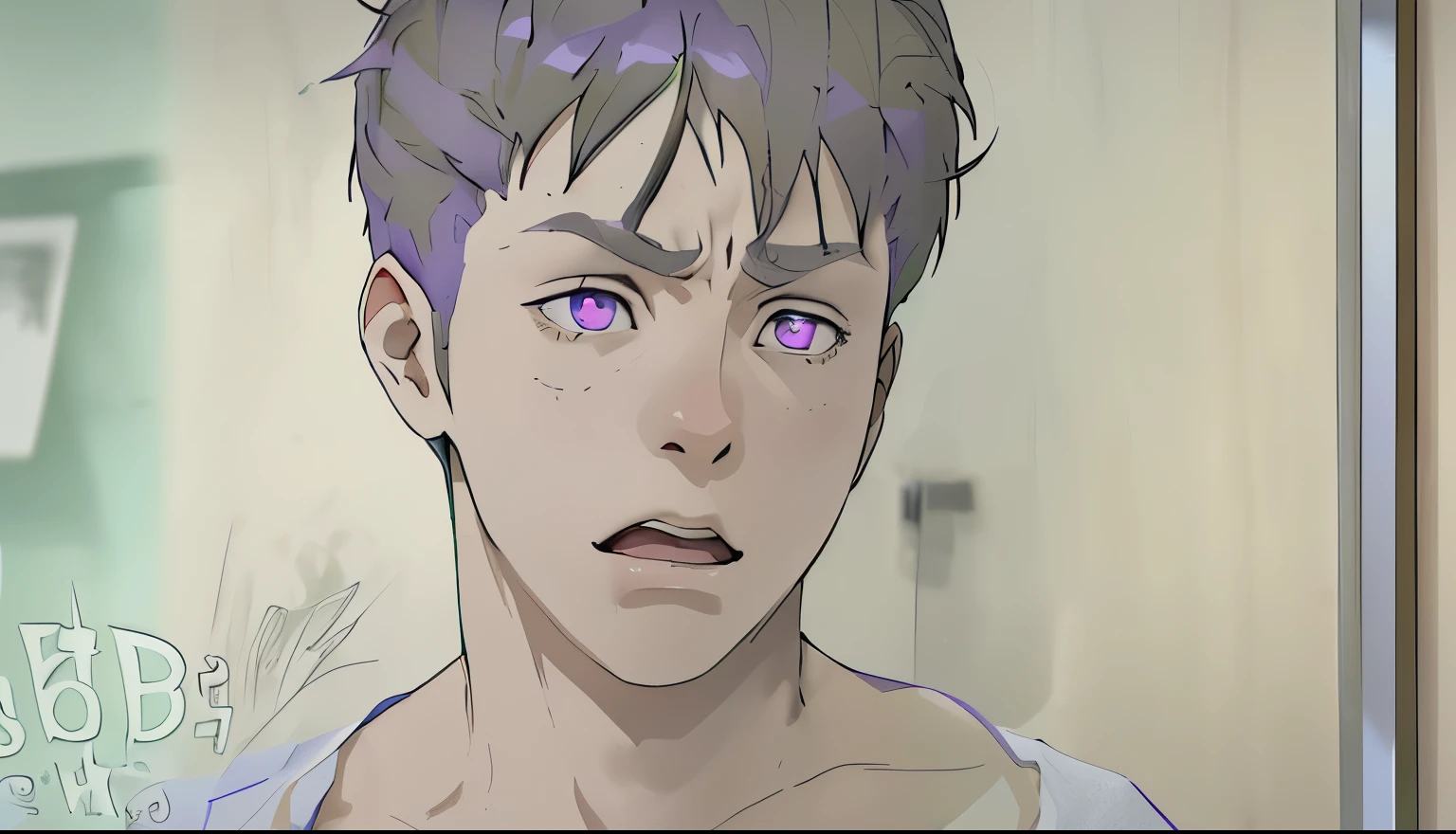 cute young male purple hair purple eyes is upset