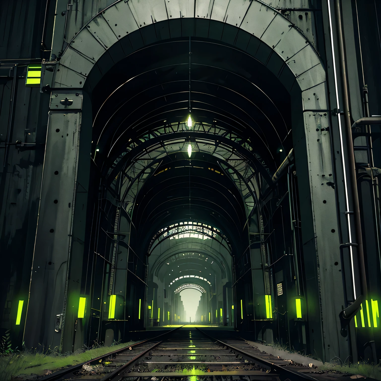 Dark industrial landscapes, massive gates, dark industrial landscapes in pale green and gray steel lights, highly detailed art, many details, masterpiece, vibrant light