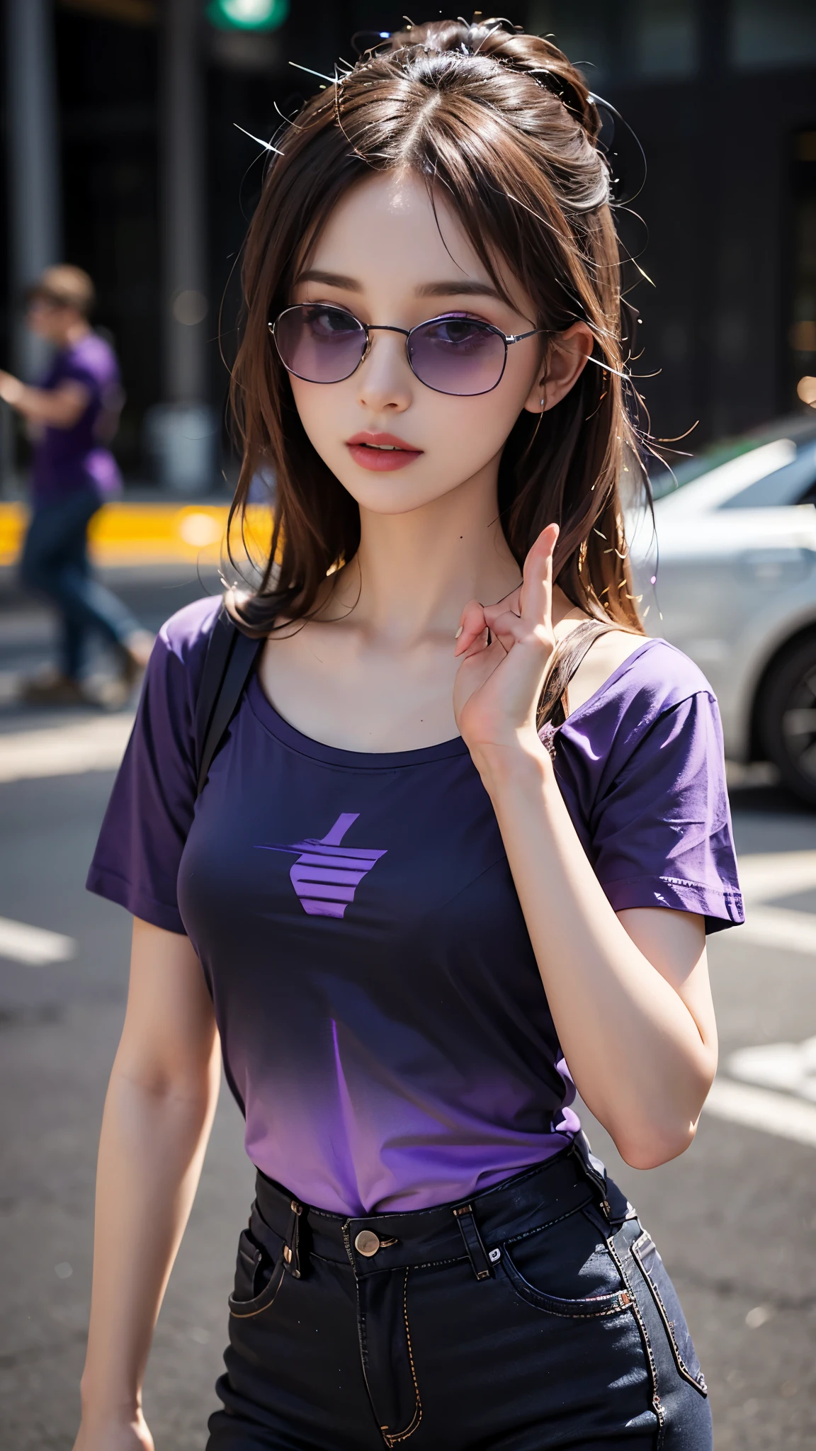 (best quality:1.2,4k ultra hd:1.2), a girl, beautiful face, full and glossy lips, long flowing hair, perfectly straightened, small breasts, (gradient purple t-shirt:1.5), (black straps t-shirt:1.4), black jeans, complete with a cap, (sparkling sunglasses:1.5), capturing her character and charm, with a blurred background enhancing the relaxed atmosphere, showcasing her confidence and elegance,